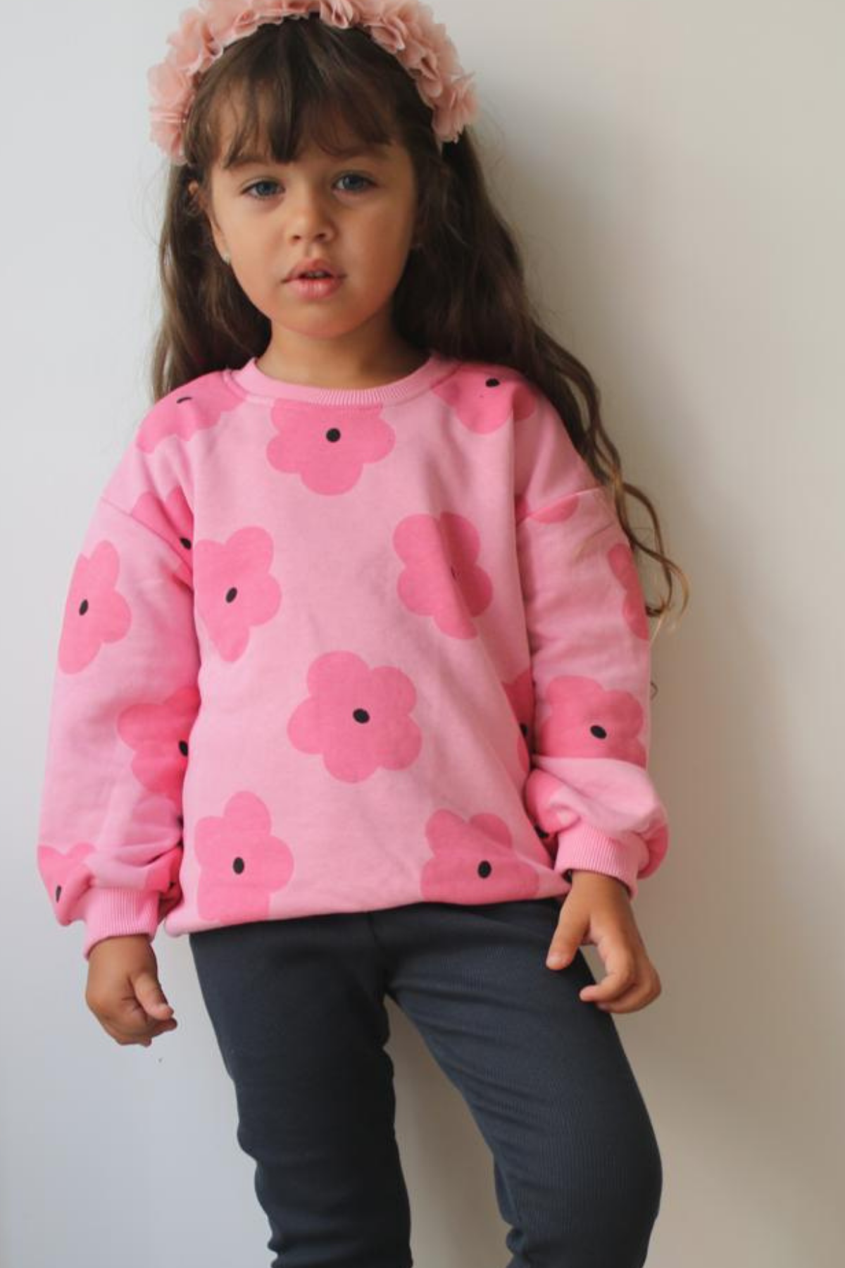 Kız Çocuk 3 İplik Pembe Çiçekli Taytlı Takım
