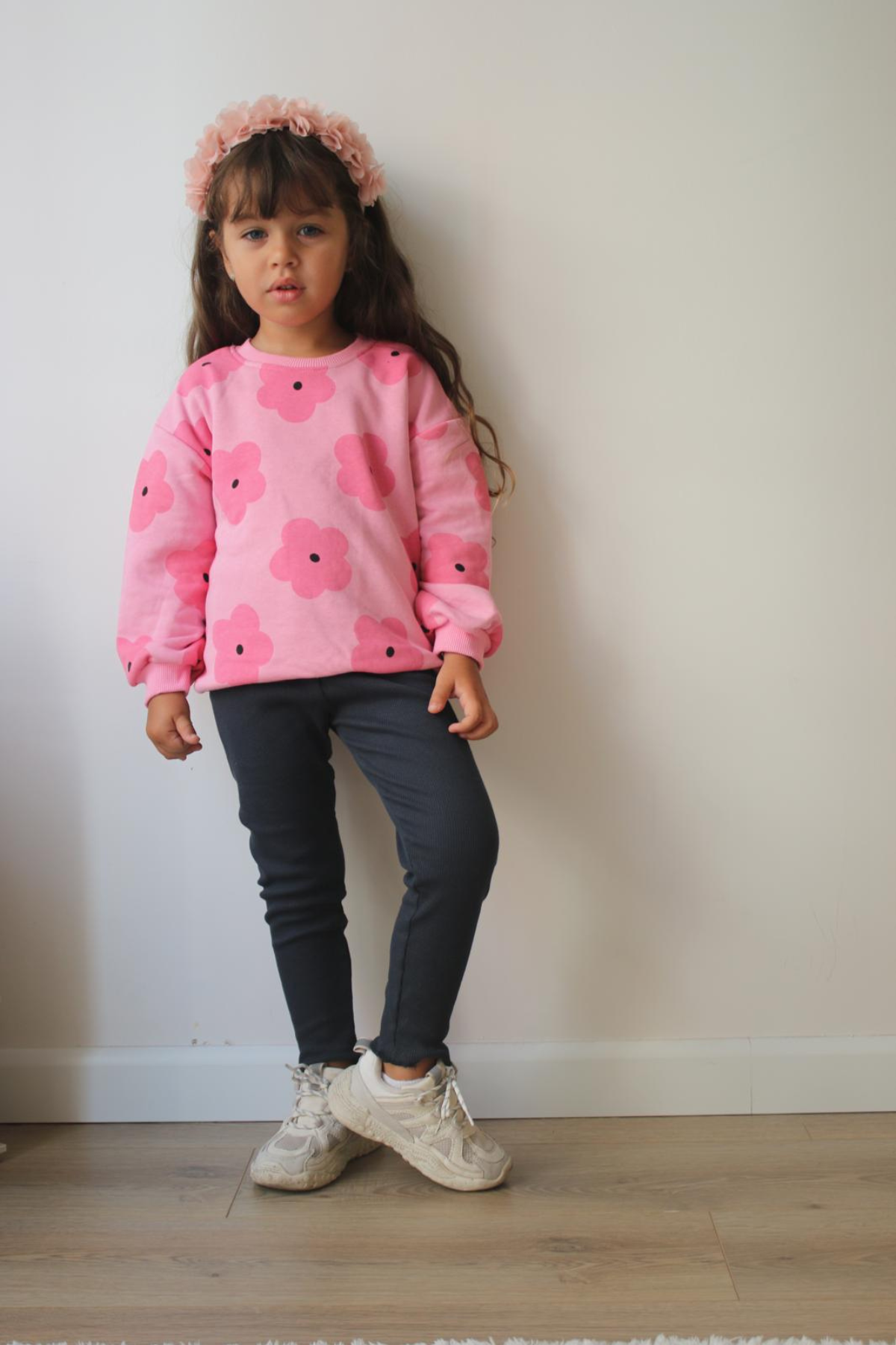 Kız Çocuk 3 İplik Pembe Çiçekli Taytlı Takım
