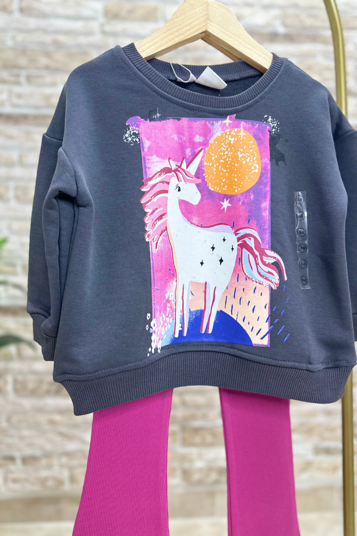 Kız Çocuk 3 İplik Unicorn Baskı Vişne İspanyol Taytlı Takım