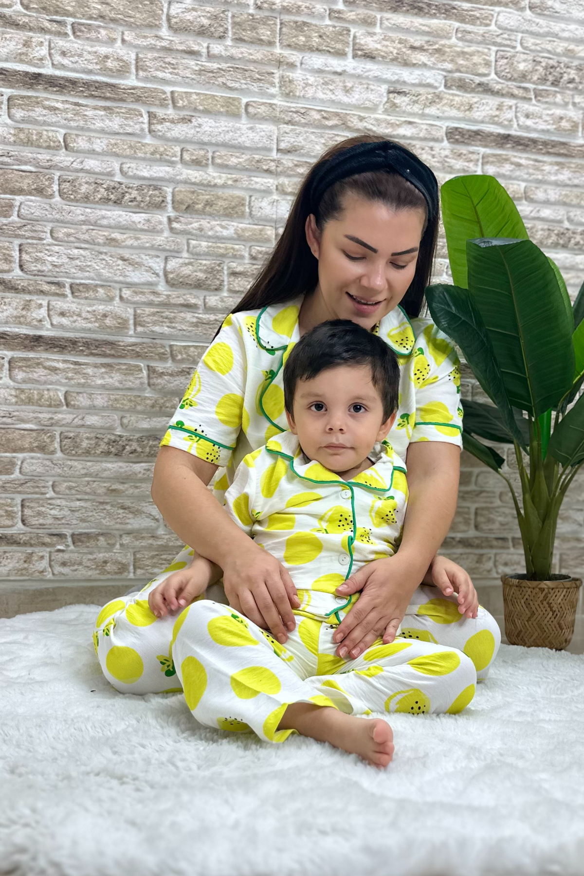Anne Yetişkin Limonlu Pijama Takımı