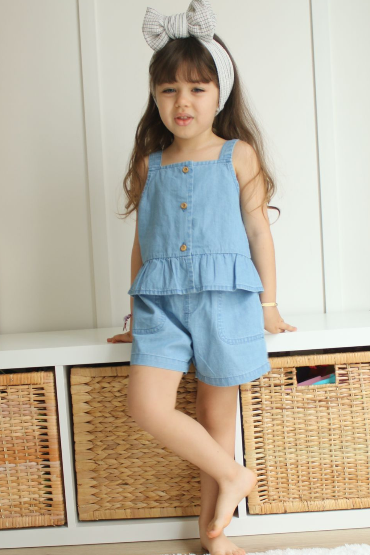 Askılı Denim Şortlu Takım