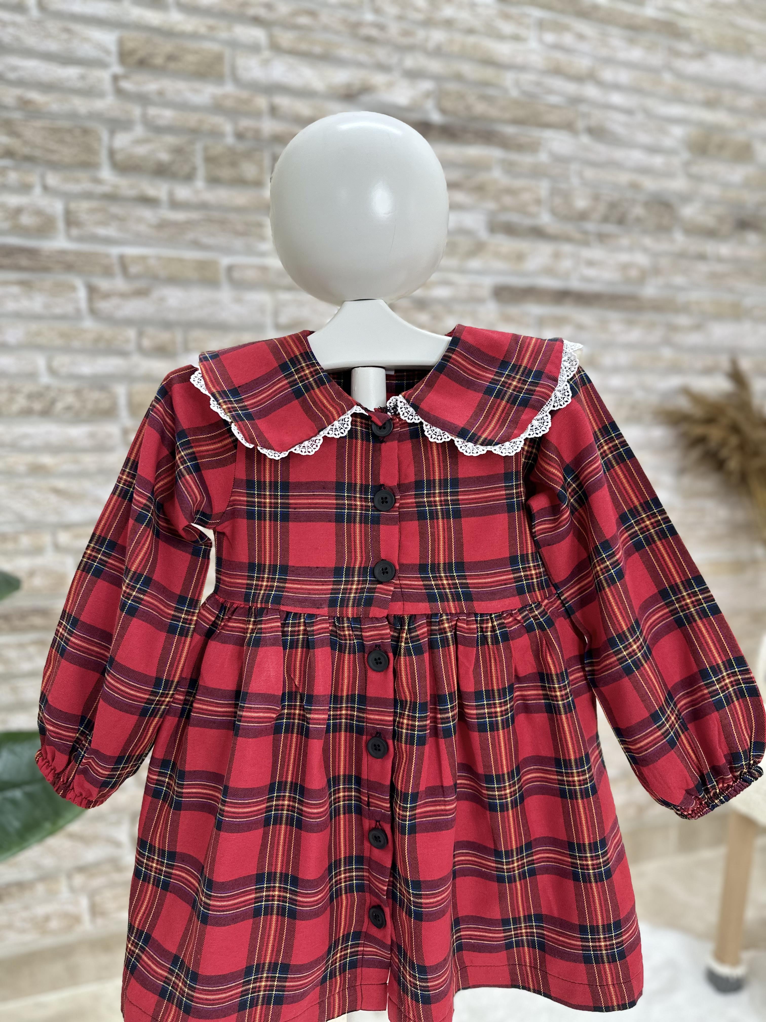 Bebe Yakalı Kırmızı Pötikare Elbise