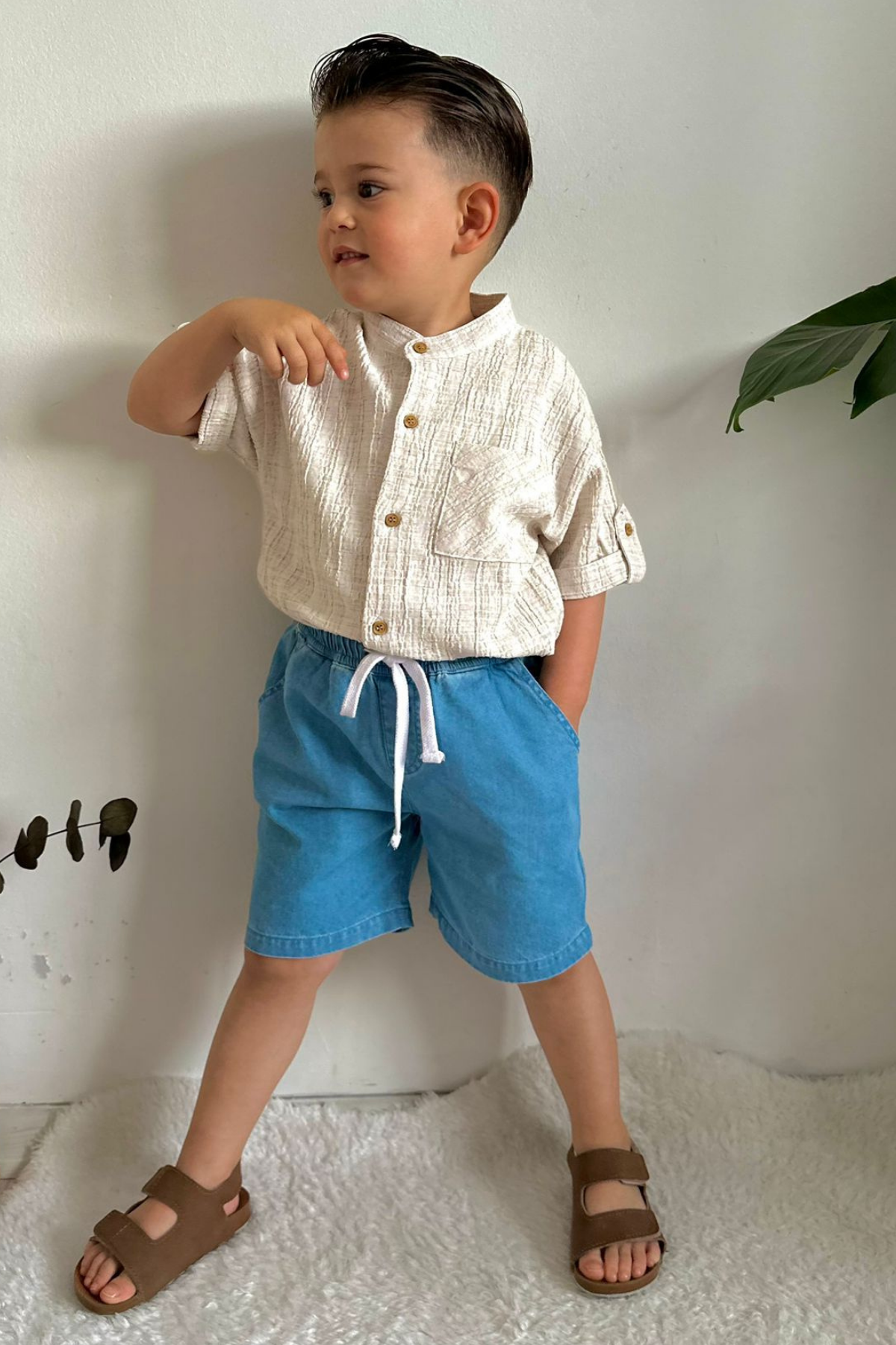 Denim Şort Gömlek Mavi Takım