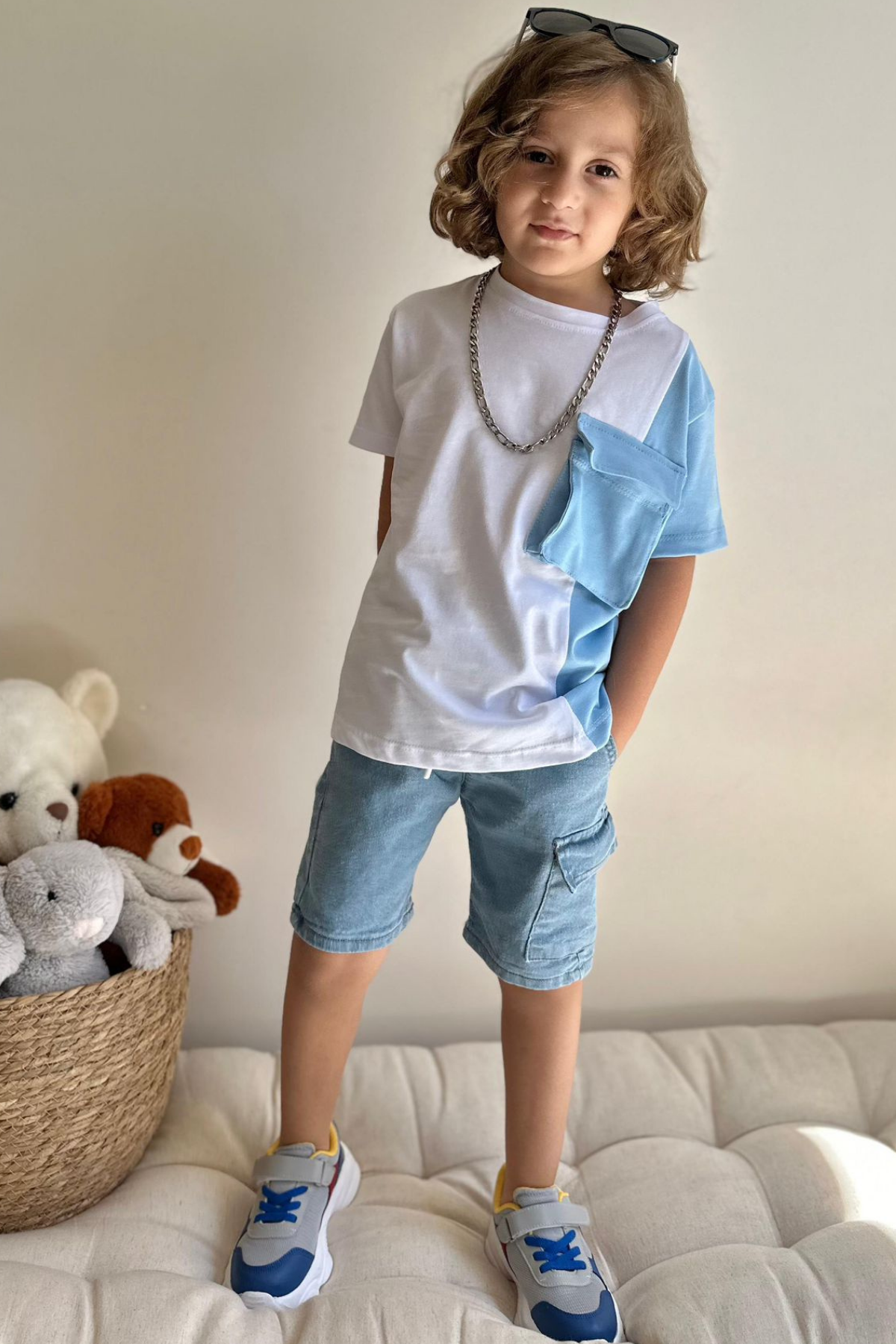 Denim Şort Tshirt Mavi Cepli  Takım