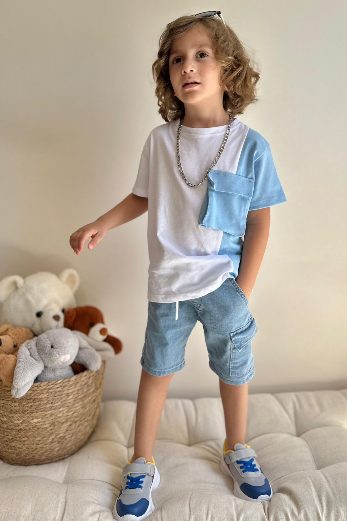 Denim Şort Tshirt Mavi Cepli  Takım