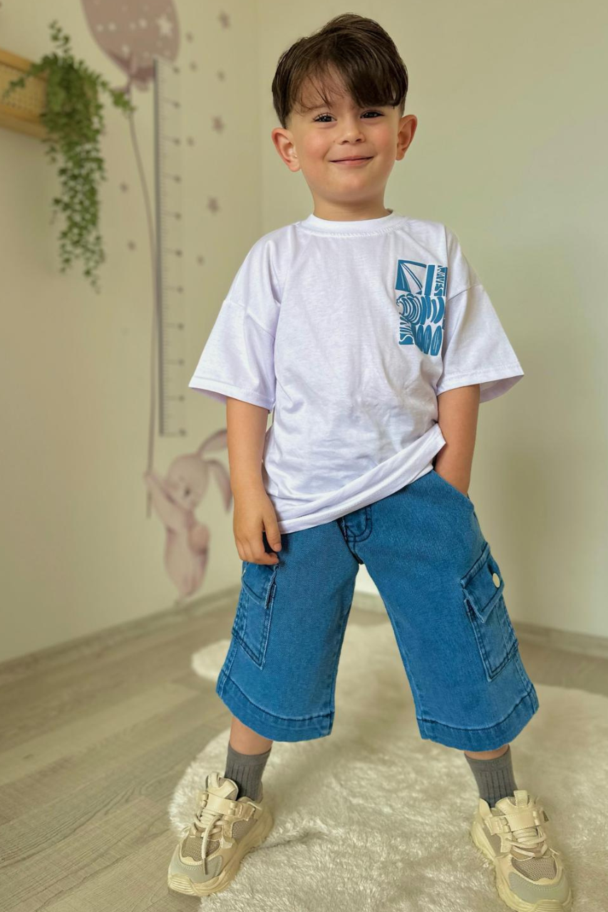 Erkek Bermuda Jean Şort Tshirt Takım 