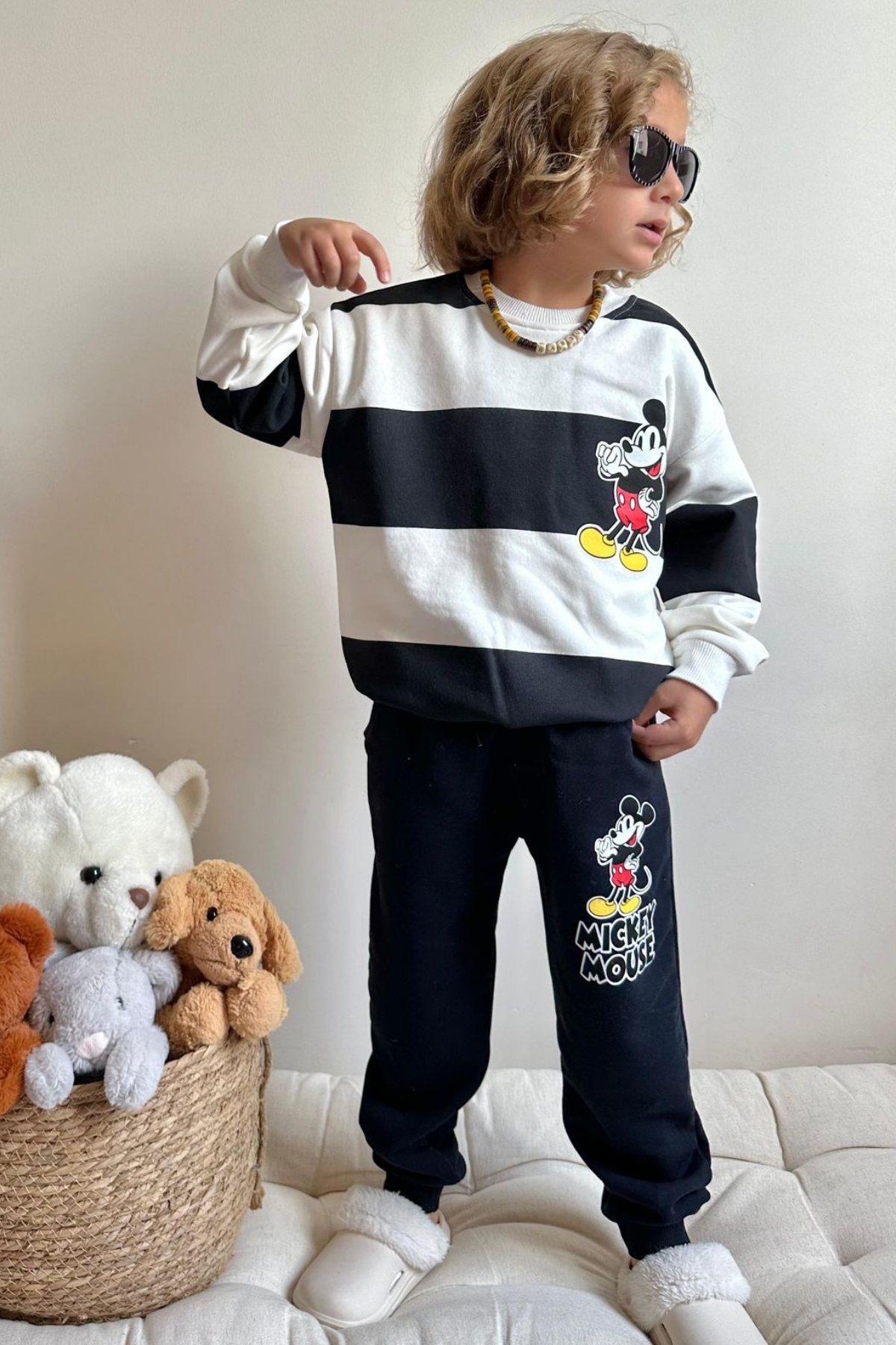 Erkek Çocuk 3 İplik Çizgili Siyah Mickey Takım