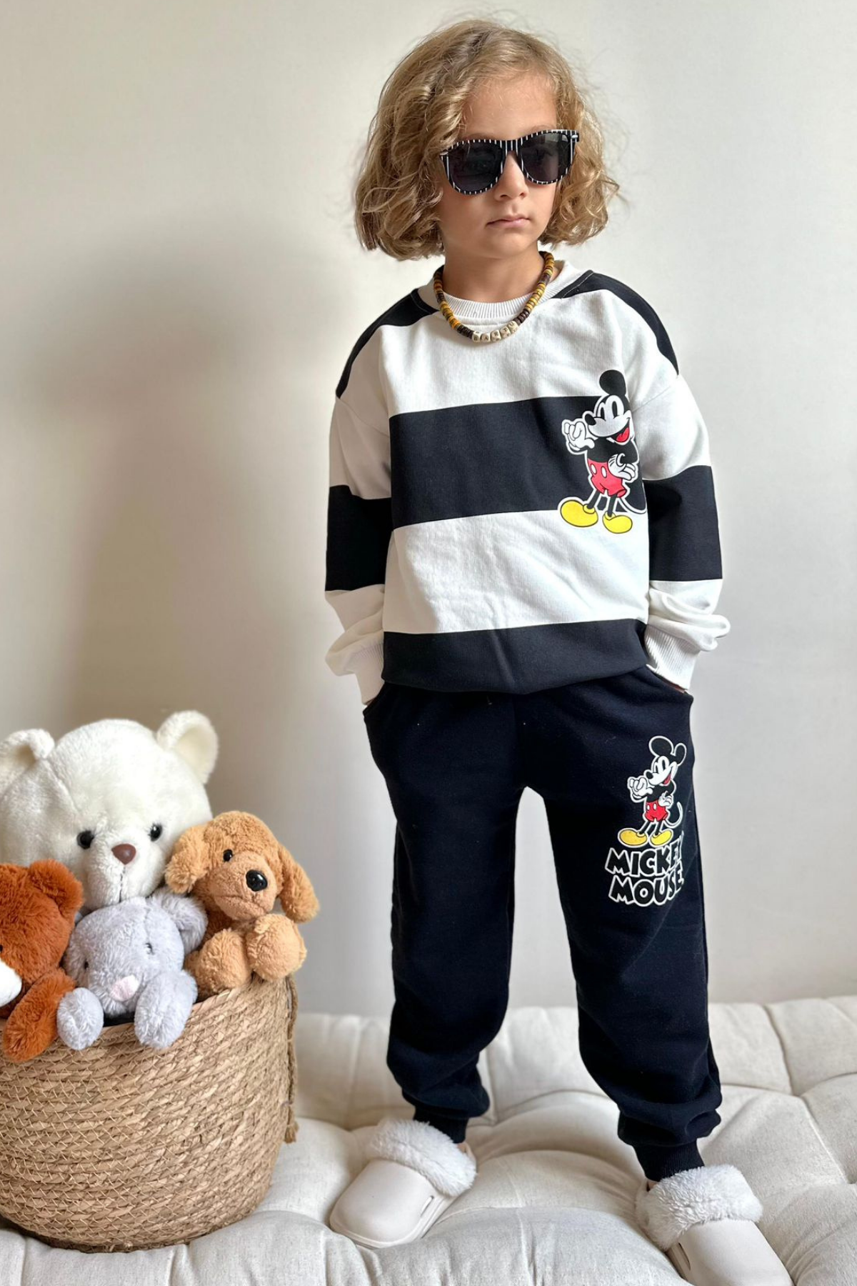 Erkek Çocuk 3 İplik Çizgili Siyah Mickey Takım
