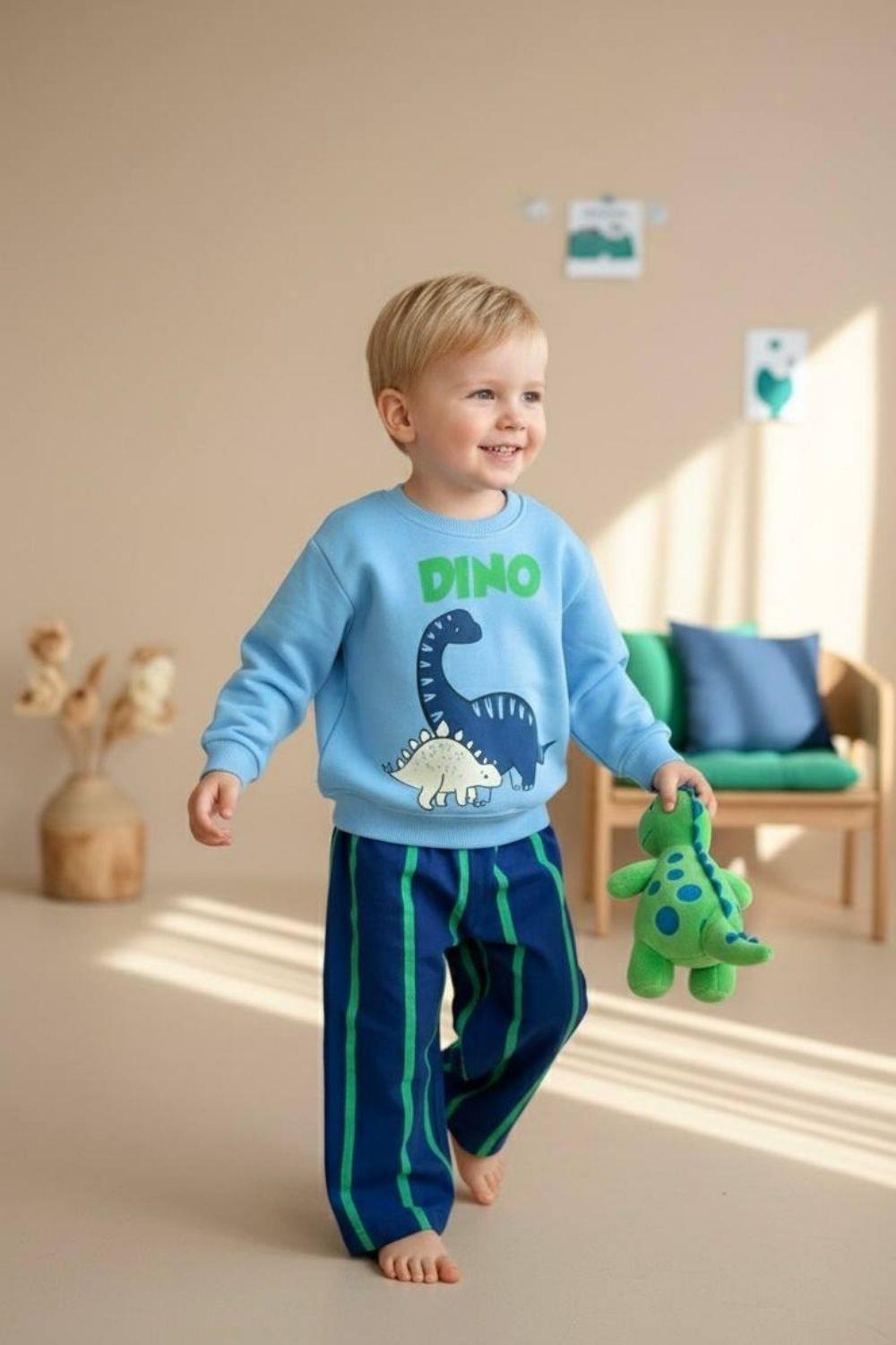 Erkek Çocuk 3 İplik Dino Mavi Takım