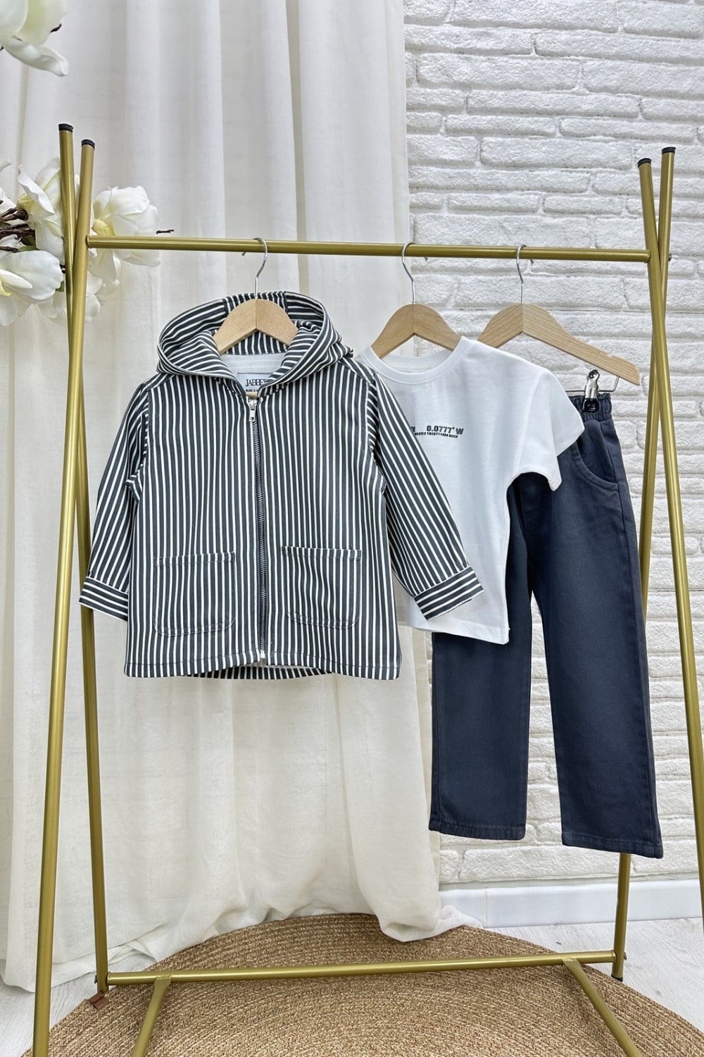 Erkek Çocuk 3lü Tshirt Dahil Füme Çizgili Denim Takım