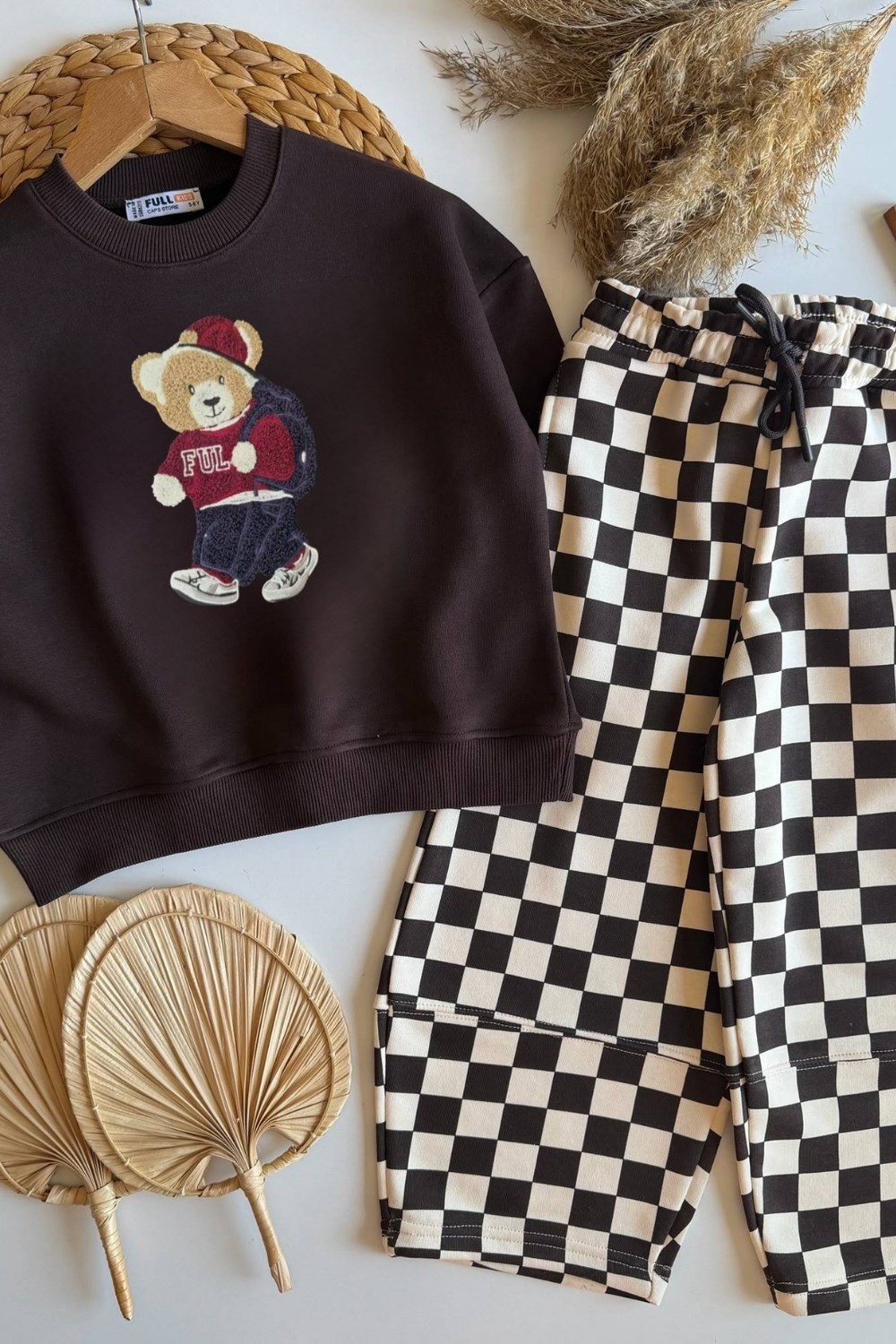 Erkek Çocuk Bear Baskı Kareli Kahve Takım
