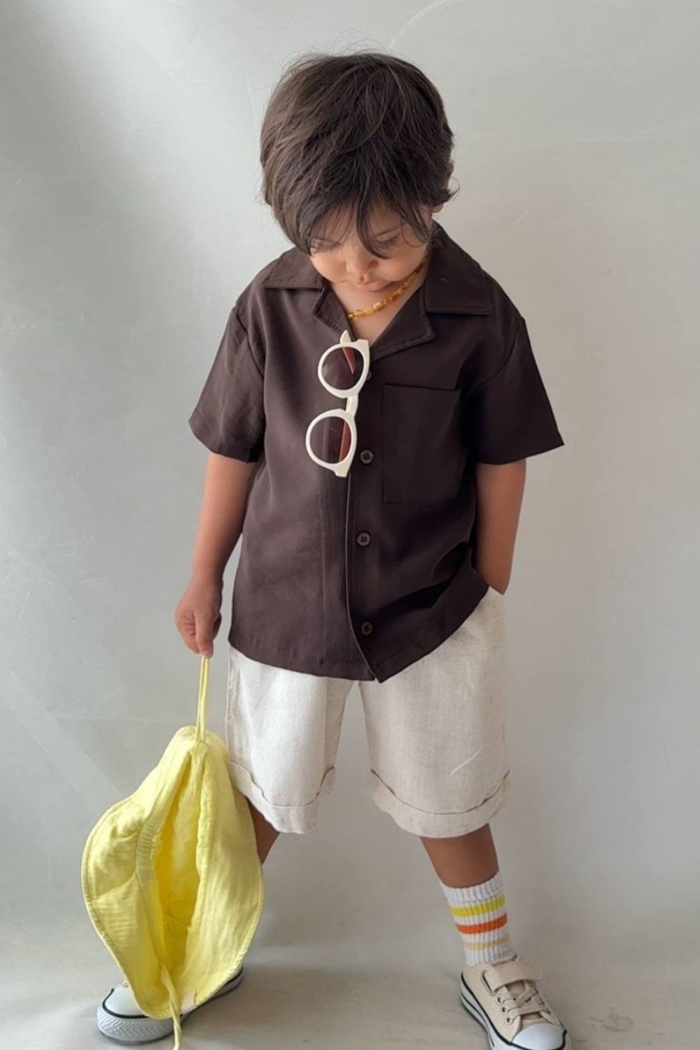 Erkek Çocuk Keten Modal Kahve Şortlu Takım