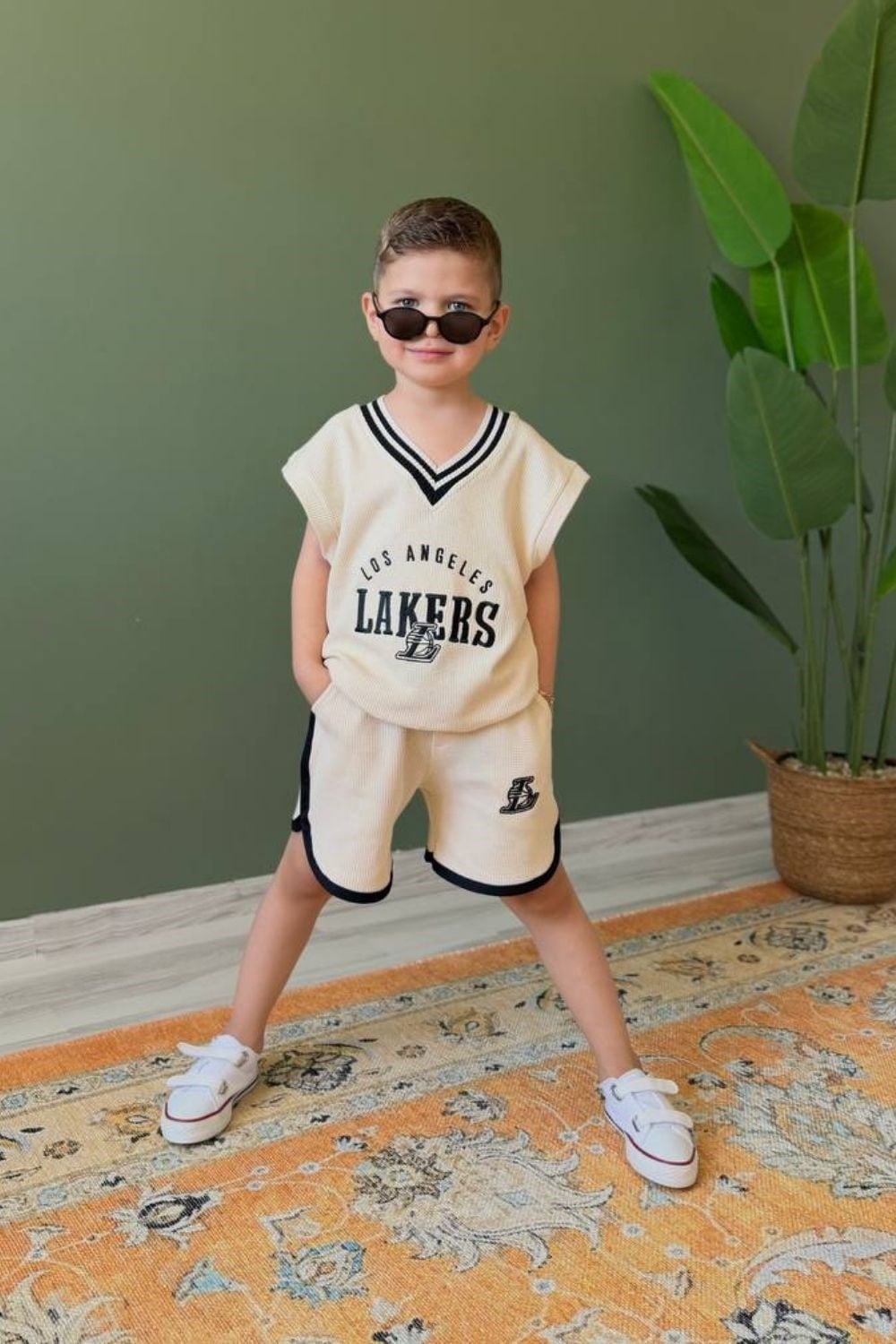 Erkek Çocuk Lakers Waffle Kumaş Şortlu Takım