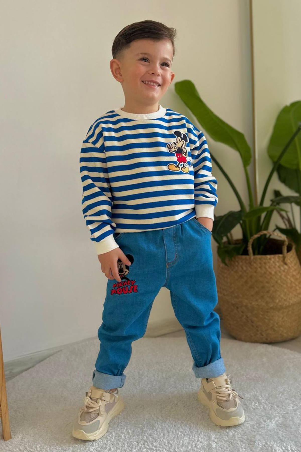 Erkek Çocuk Takım Çizgili Sweat Mavi Jean Pantolon
