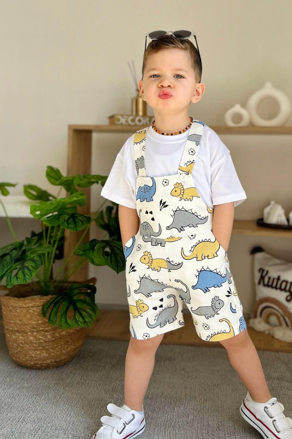 Erkek Çocuk Tshirt Dahil Denim Beyaz Şortlu Salopet