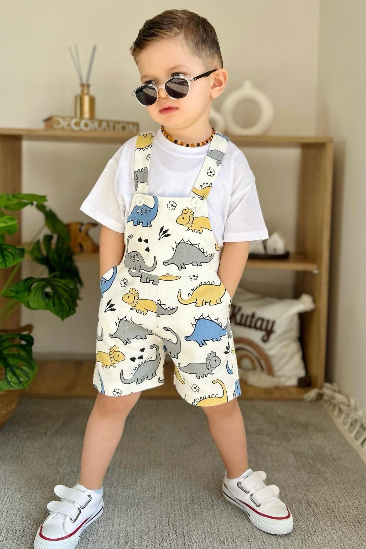 Erkek Çocuk Tshirt Dahil Denim Beyaz Şortlu Salopet