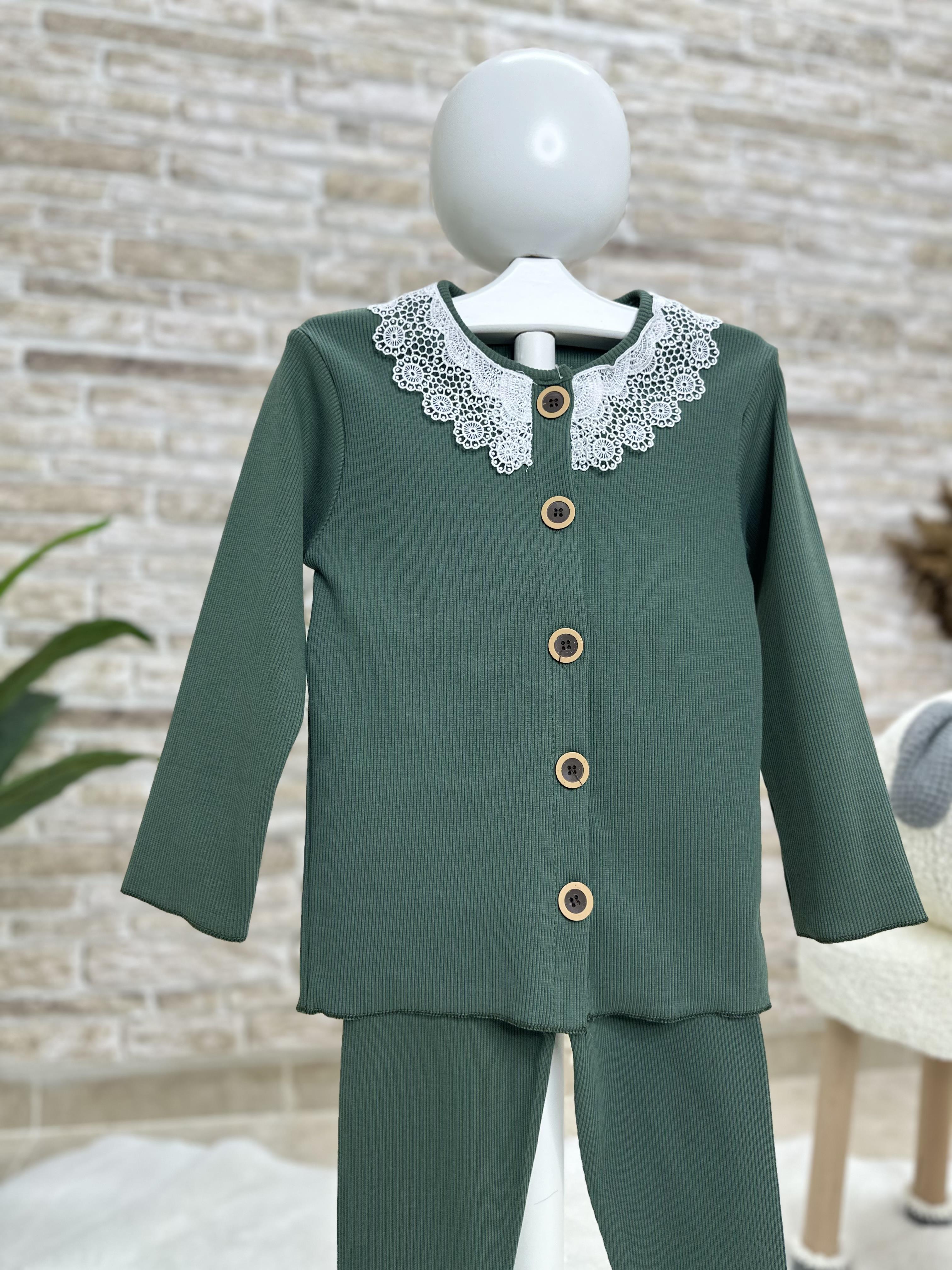 Fitili Bebe Dantel Yakalı Yeşil Taytlı Takım
