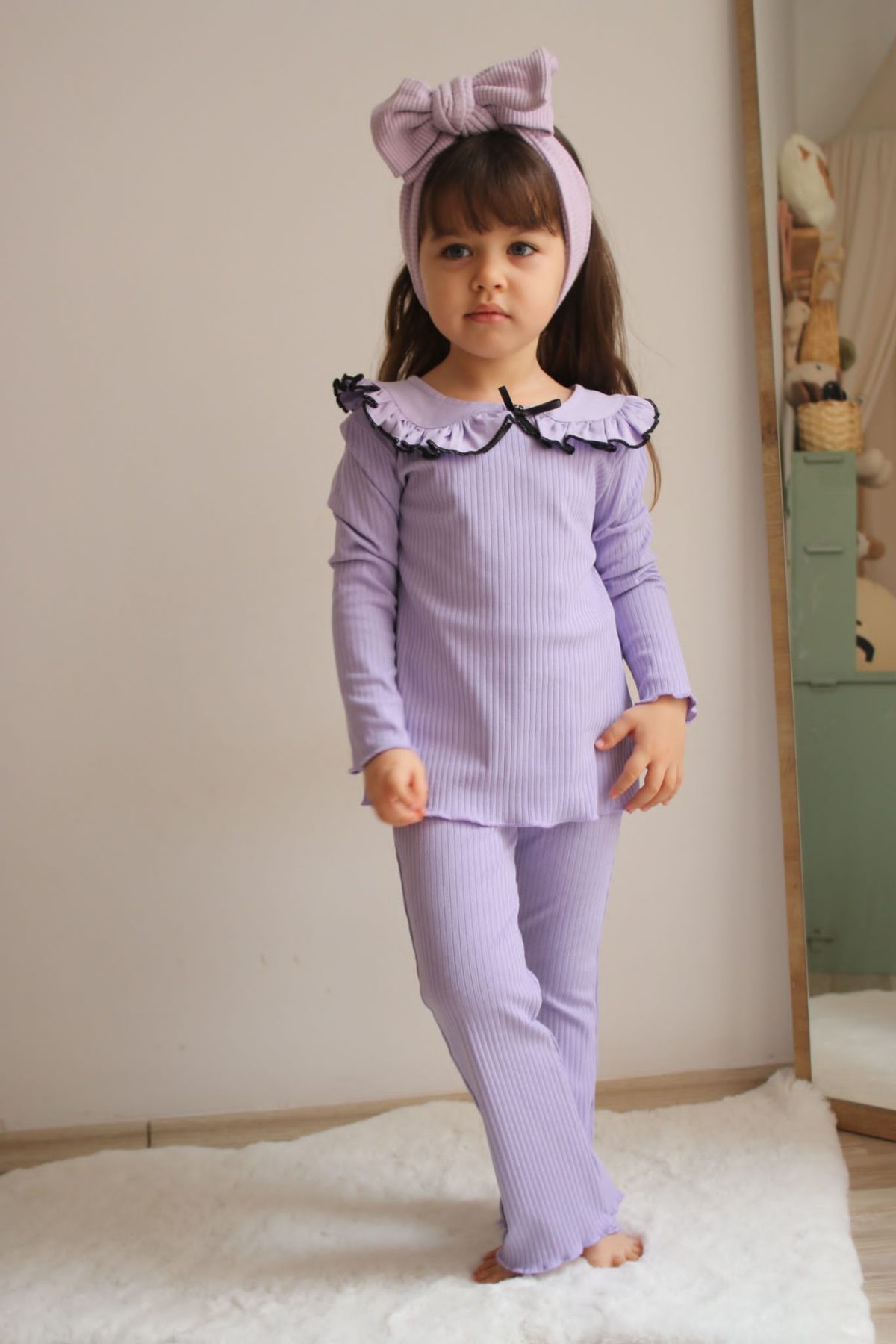 Fitilli Bebe Yaka Lila Kurdela Detaylı Tayt Takım