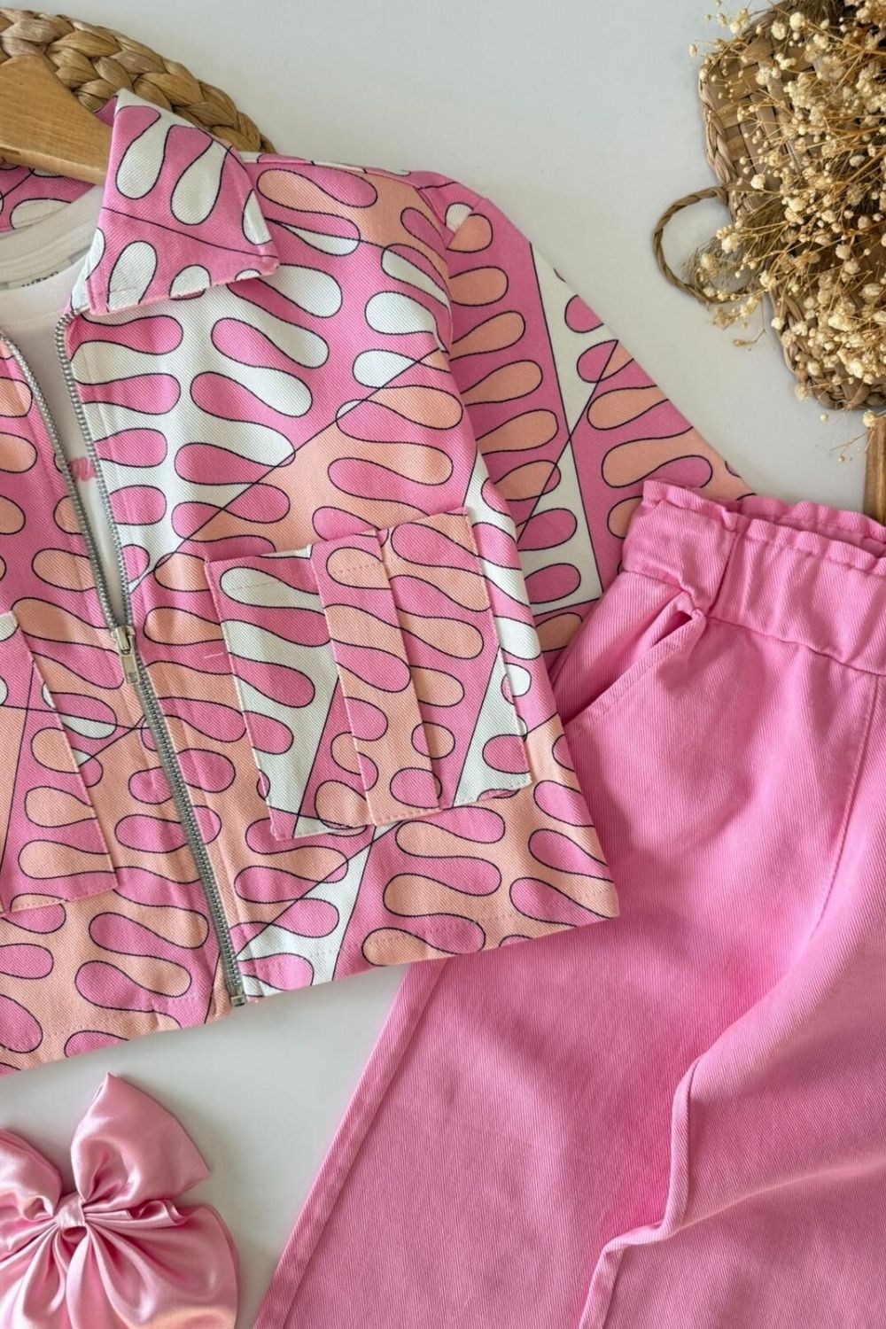 Kız 3lü Tshirt Dahil Dokuma Denim Pembe Takım