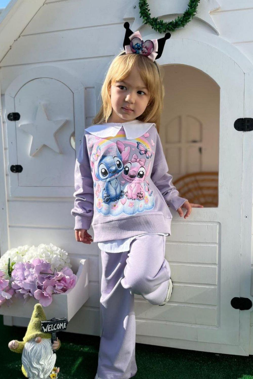 Kız Çocuk 2 İplik Taç Dahil Gömlek Yaka Stitch Lila Takım
