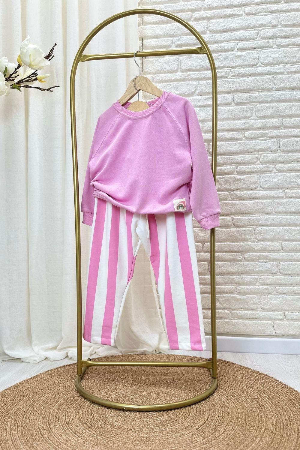 Kız Çocuk 3 İplik Çizgili Pembe Takım