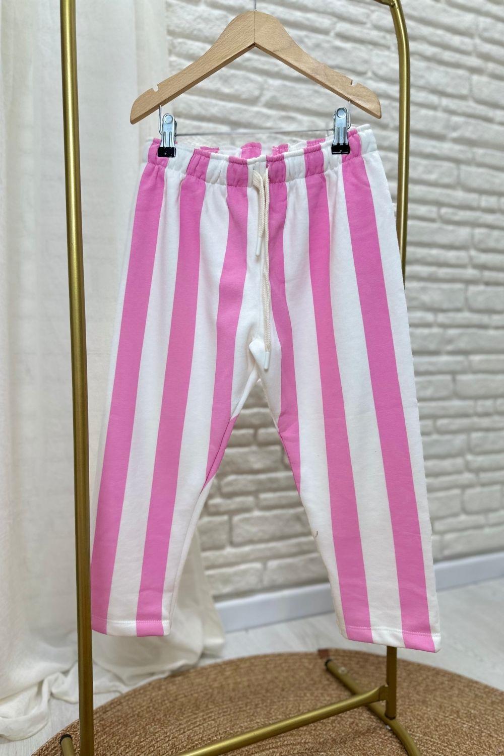 Kız Çocuk 3 İplik Çizgili Pembe Takım