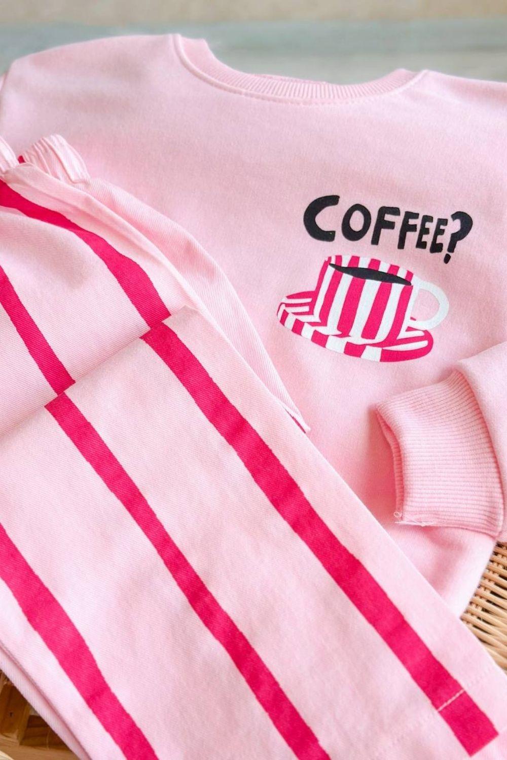 Kız Çocuk 3 İplik Coffee Line Dokuma Pantolon Pembe Takım