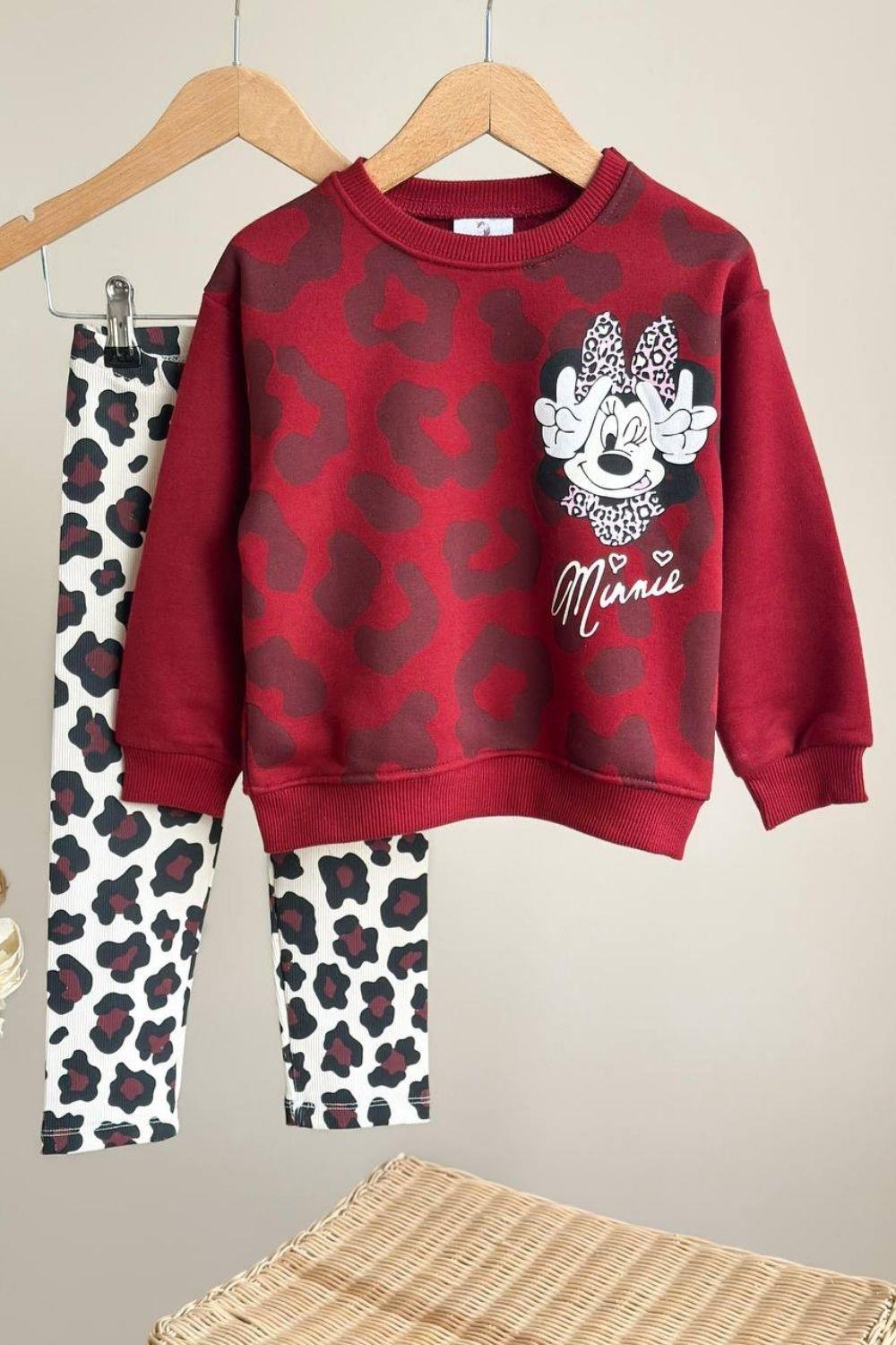 Kız Çocuk 3 İplik Minnie Taytlı Bordo Takım