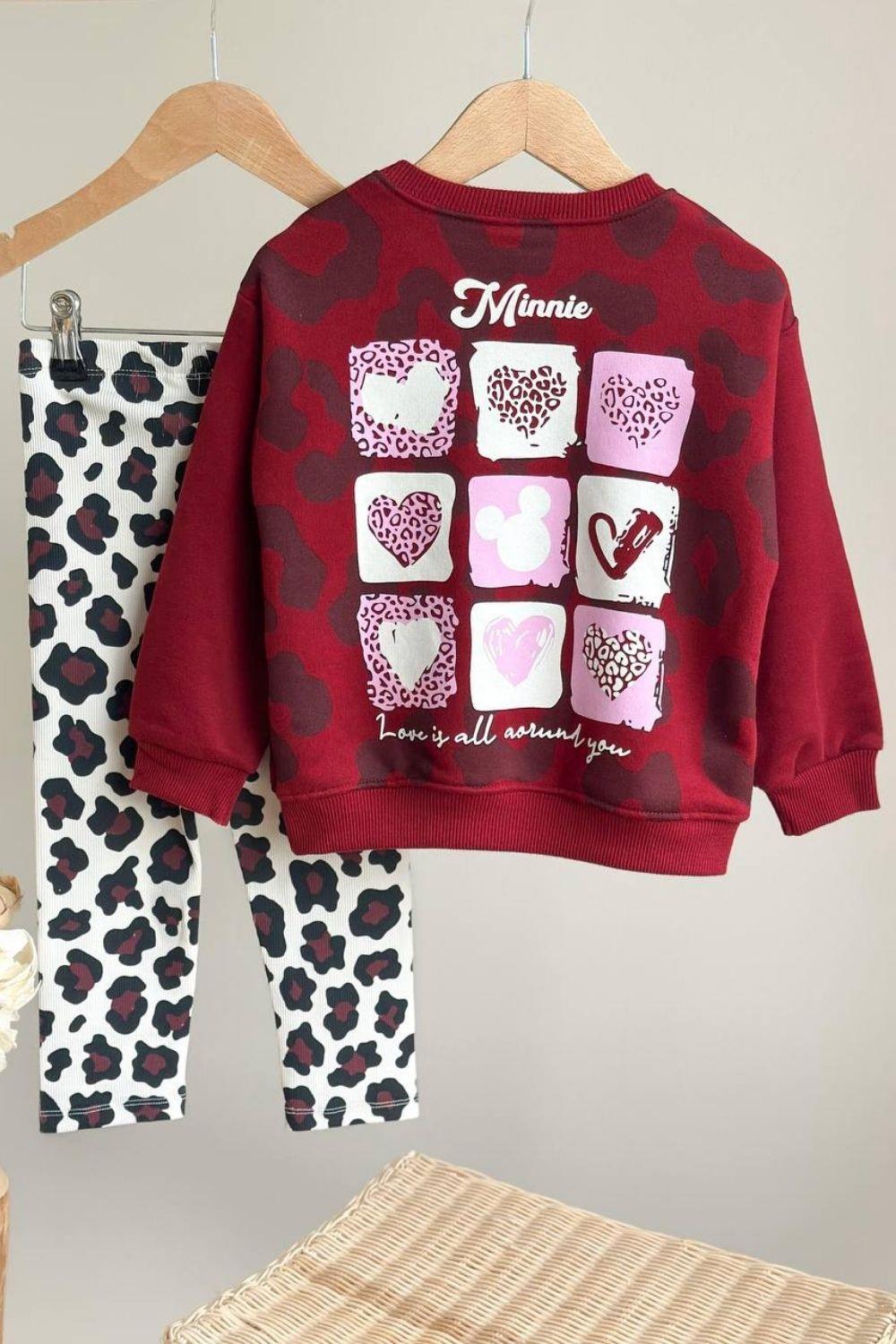 Kız Çocuk 3 İplik Minnie Taytlı Bordo Takım