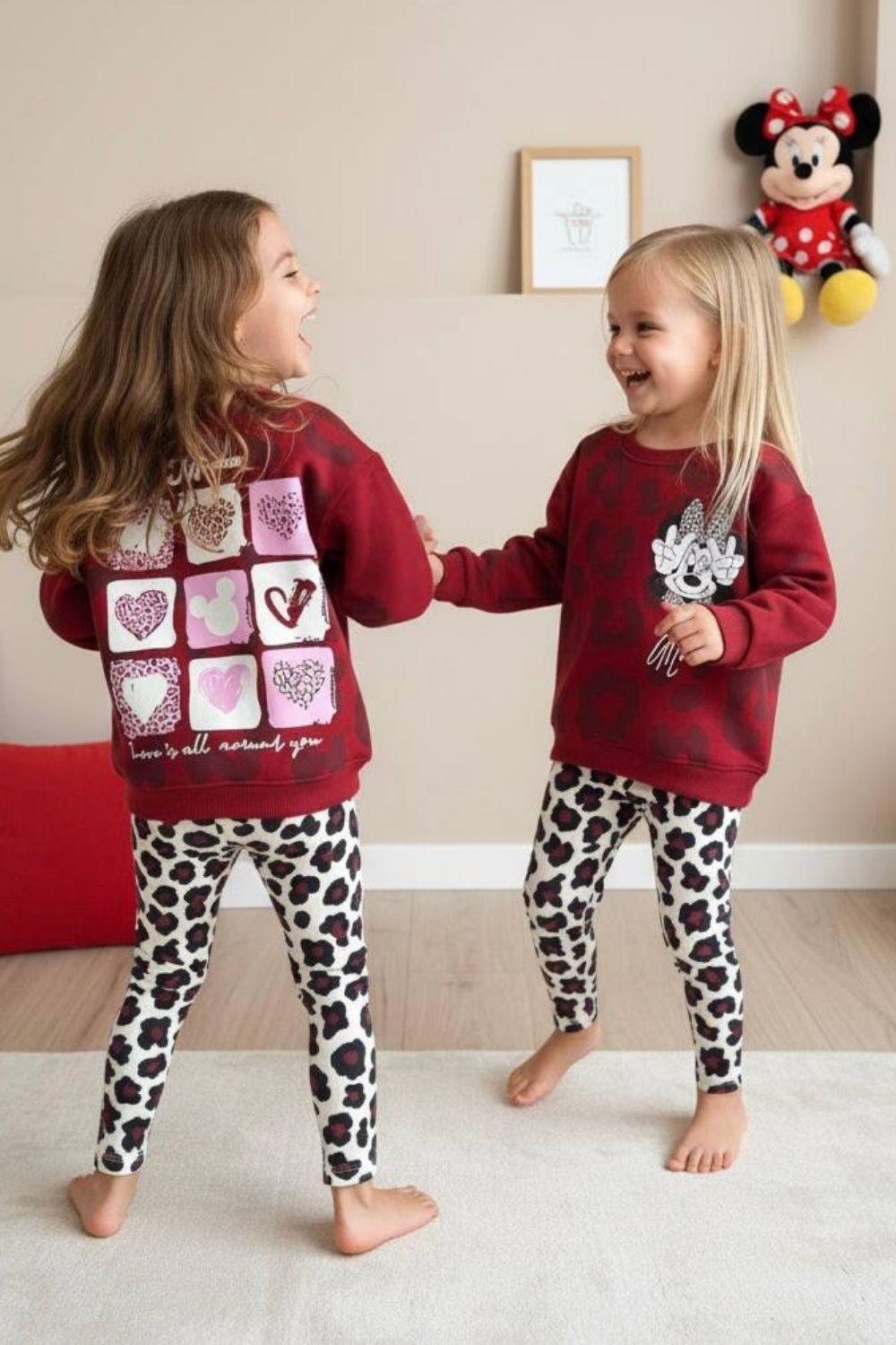 Kız Çocuk 3 İplik Minnie Taytlı Bordo Takım