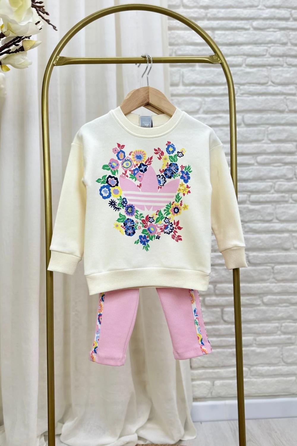 Kız Çocuk 3 İplik Pembe Adids Taytlı Takım