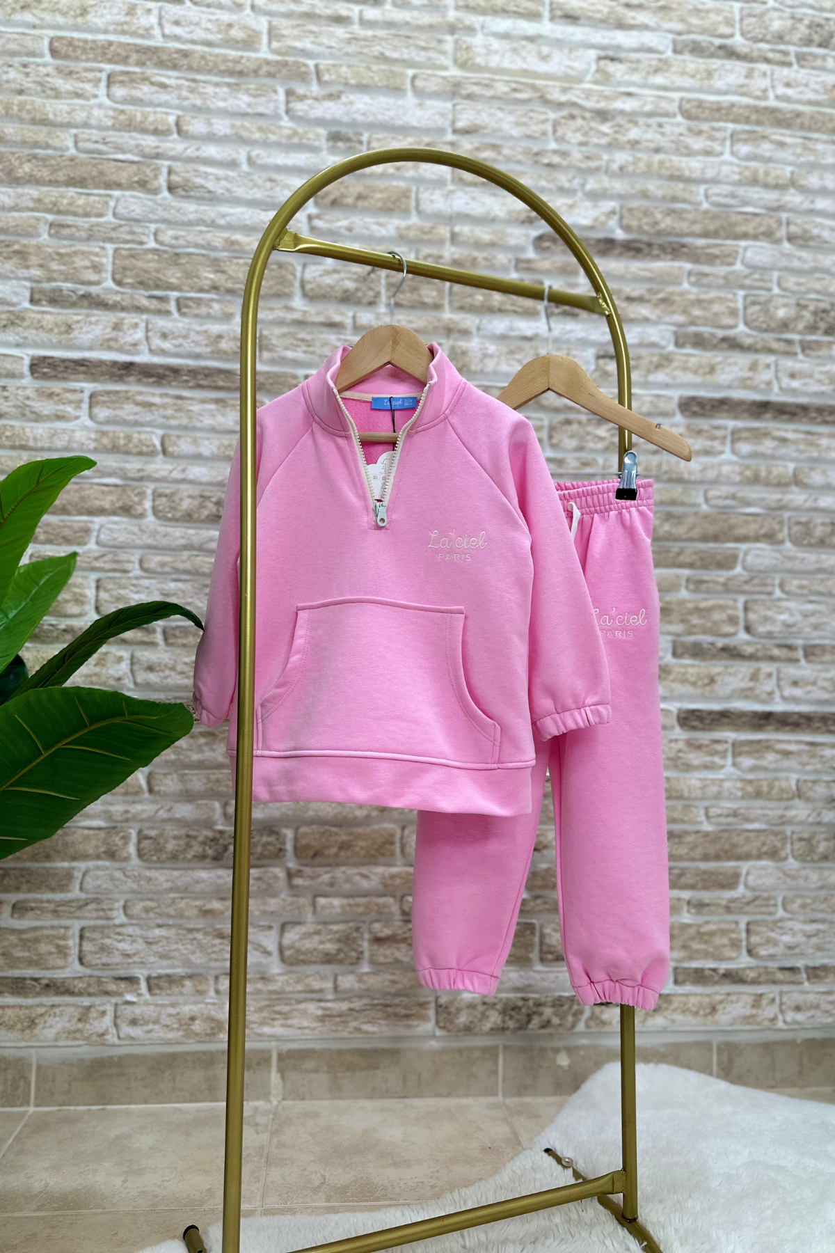 Kız Çocuk 3 İplik  Pembe Yarım Fermuarlı İkili Takım
