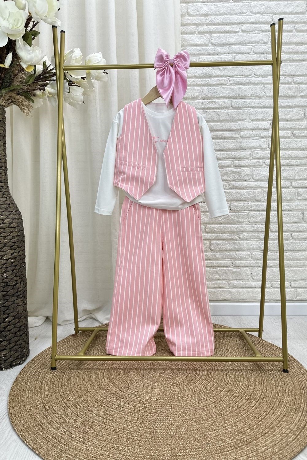 Kız Çocuk 3lü Tshirt Dahil Yelekli Pembe Takım