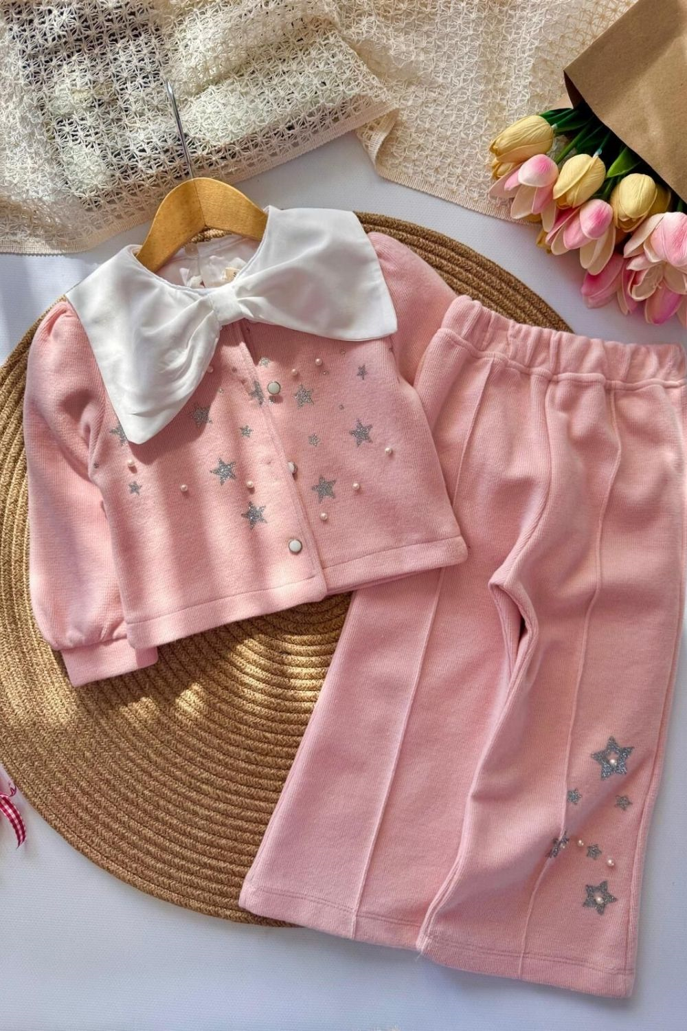 Kız Çocuk 3lü Yıldızlı Gömlek Pantolon Hırka  Pembe Triko Takım
