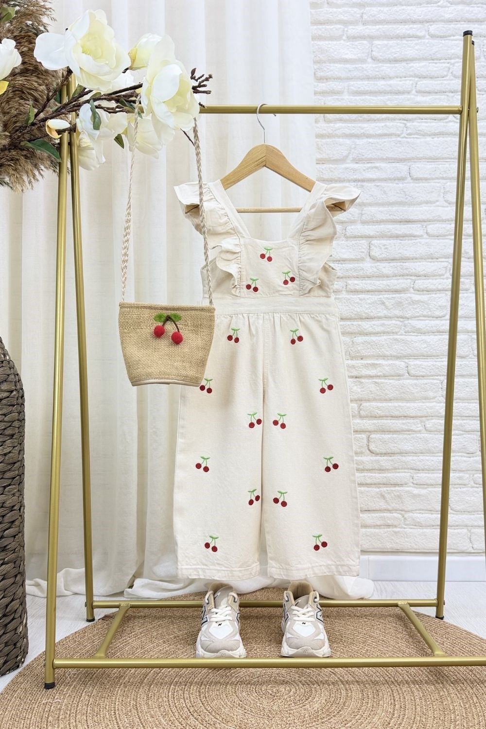Kız Çocuk Çanta Dahil Kirazlı Gabardin Tulum