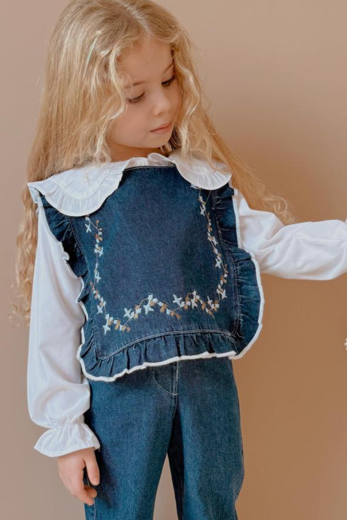 Kız Çocuk Denim 3 Parça Gömlekli Pantolon Mavi Takım