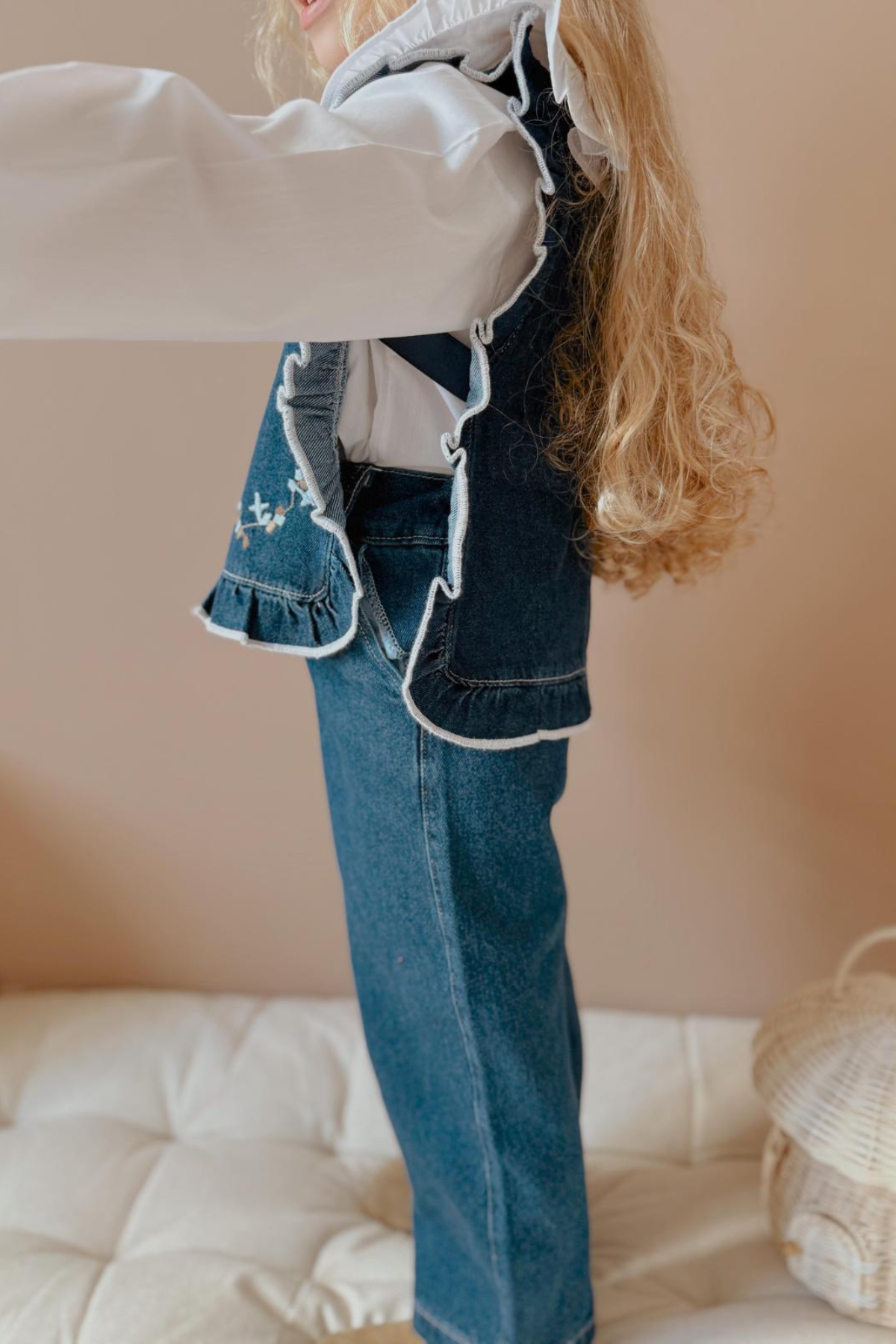 Kız Çocuk Denim 3 Parça Gömlekli Pantolon Mavi Takım