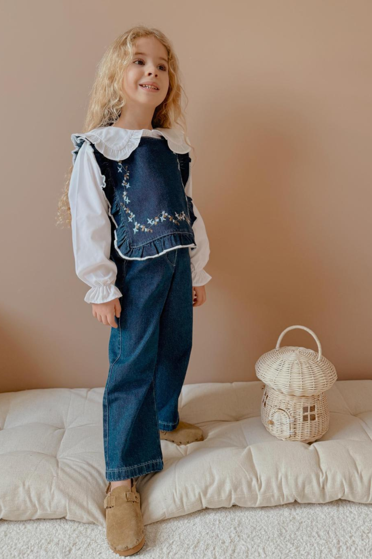 Kız Çocuk Denim 3 Parça Gömlekli Pantolon Mavi Takım