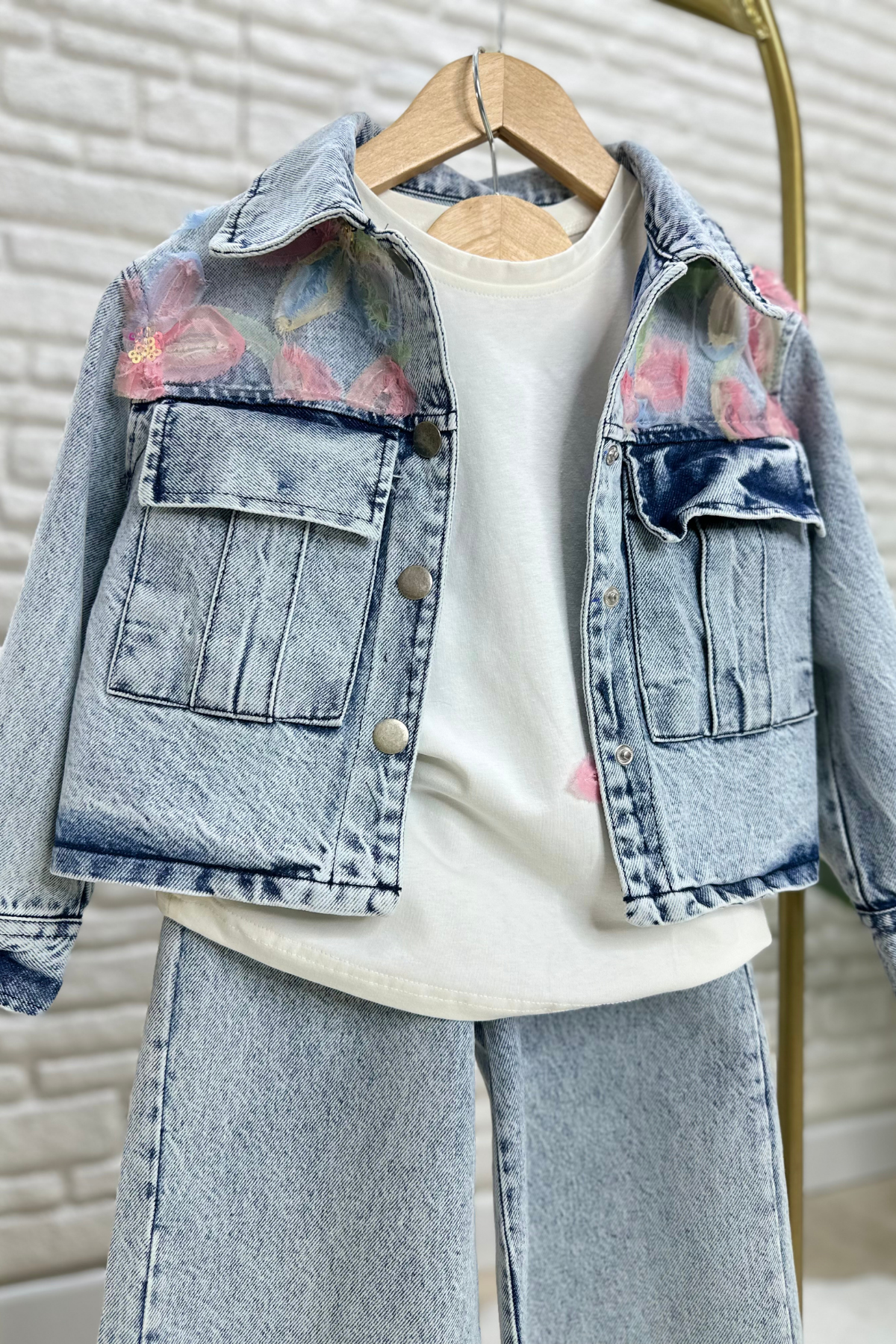Kız Çocuk  Denim Çiçekli Takım
