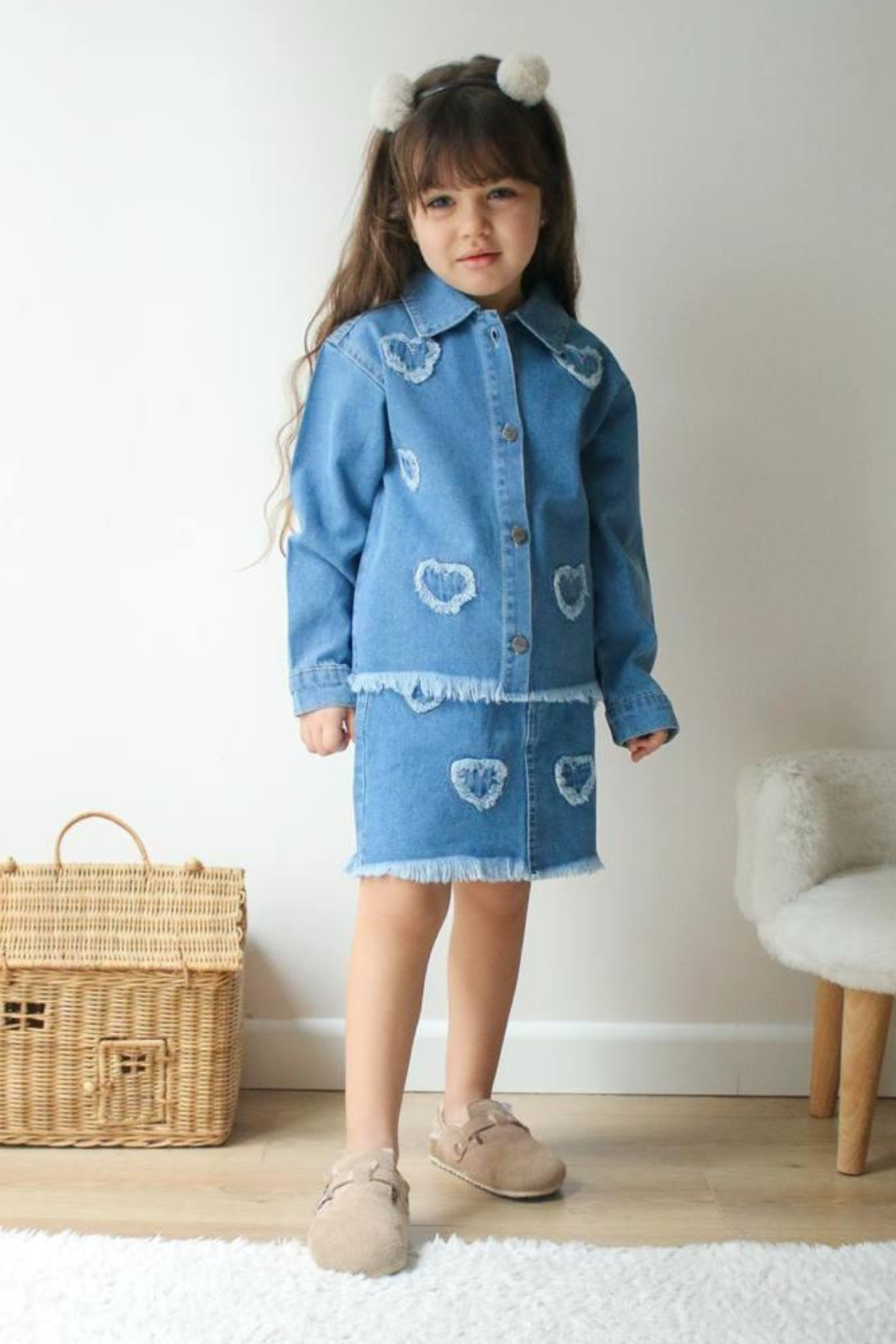 Kız Çocuk Denim Etekli Kalpli Takım 