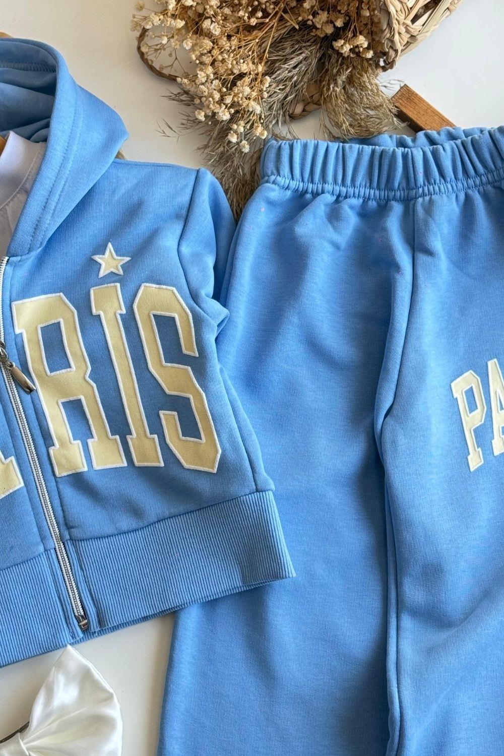Kız Çocuk Fermuarlı Kapüşonlu Paris Mavi  Takım