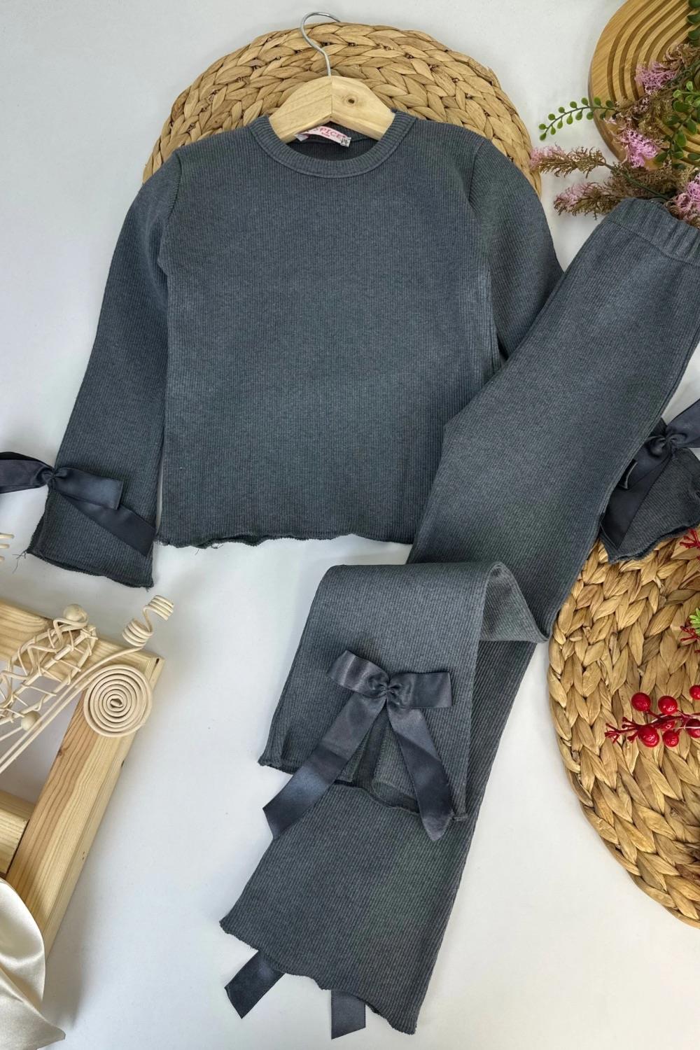 Kız Çocuk Fiyonklu Antrasit Taytlı Takım