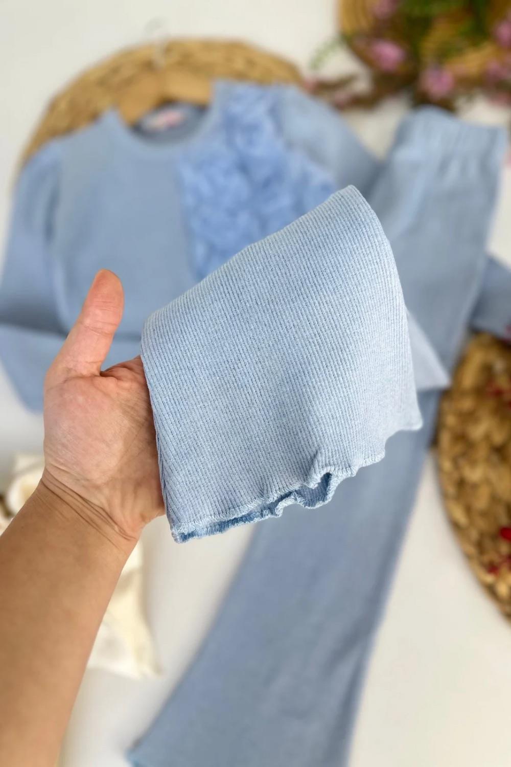 Kız Çocuk Güllü Kaşkorse Mavi Taytlı Takım