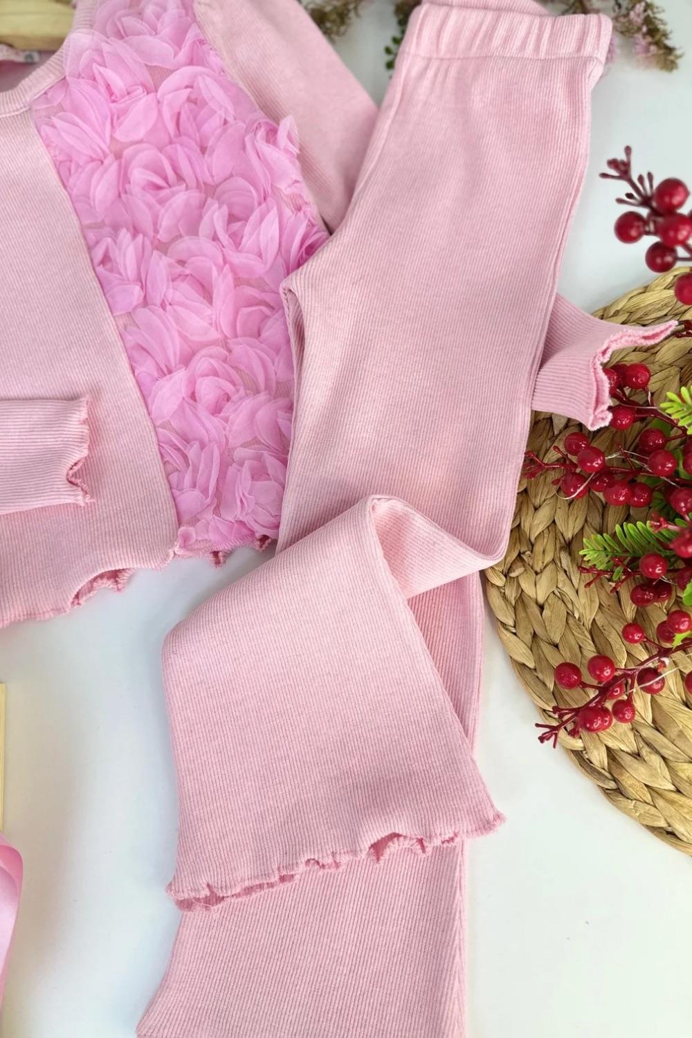 Kız Çocuk Güllü Kaşkorse Pembe Taytlı Takım