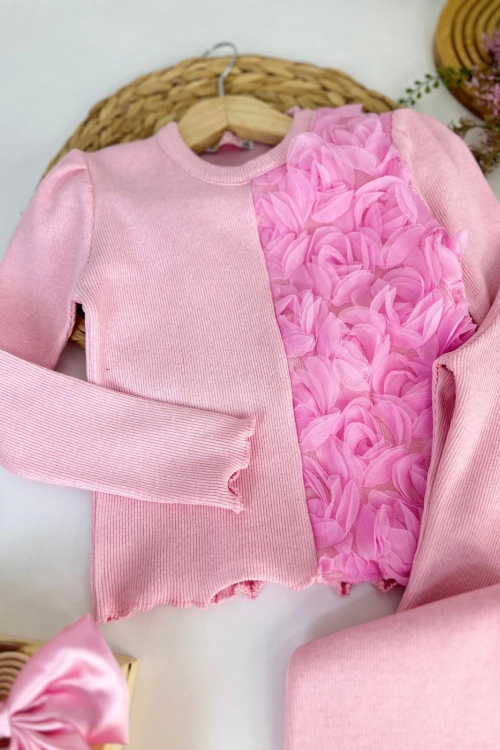 Kız Çocuk Güllü Kaşkorse Pembe Taytlı Takım