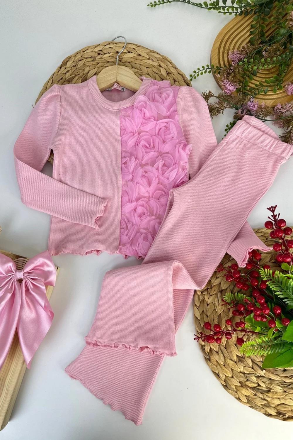 Kız Çocuk Güllü Kaşkorse Pembe Taytlı Takım