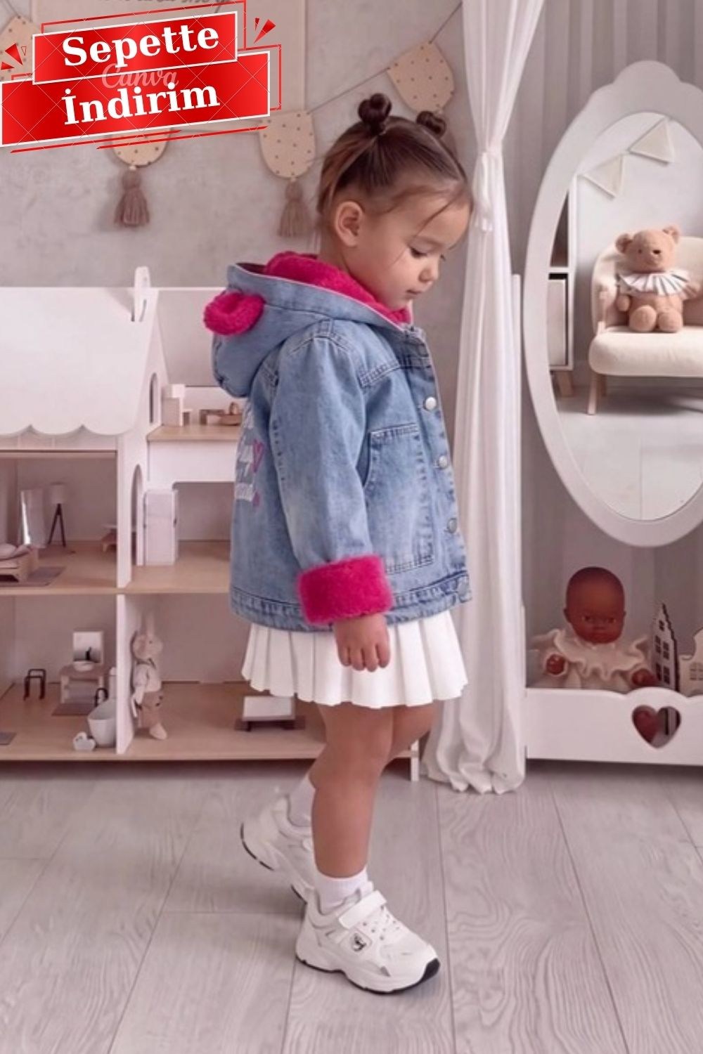 Kız Çocuk İçi Peluş Kot Mont Fuşya