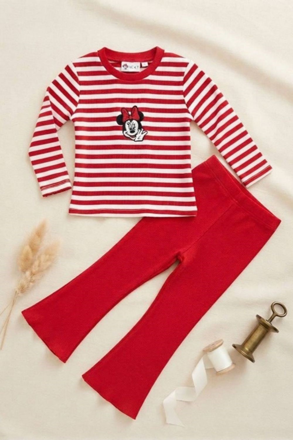 Kız Çocuk Kaşkorse Minnie Çizgili Kırmızı Takım