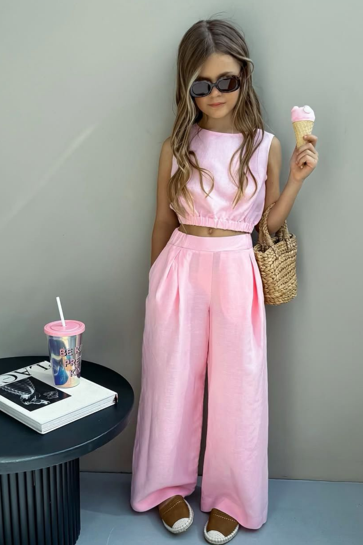 Kız Çocuk Keten Pembe İkili Takım 