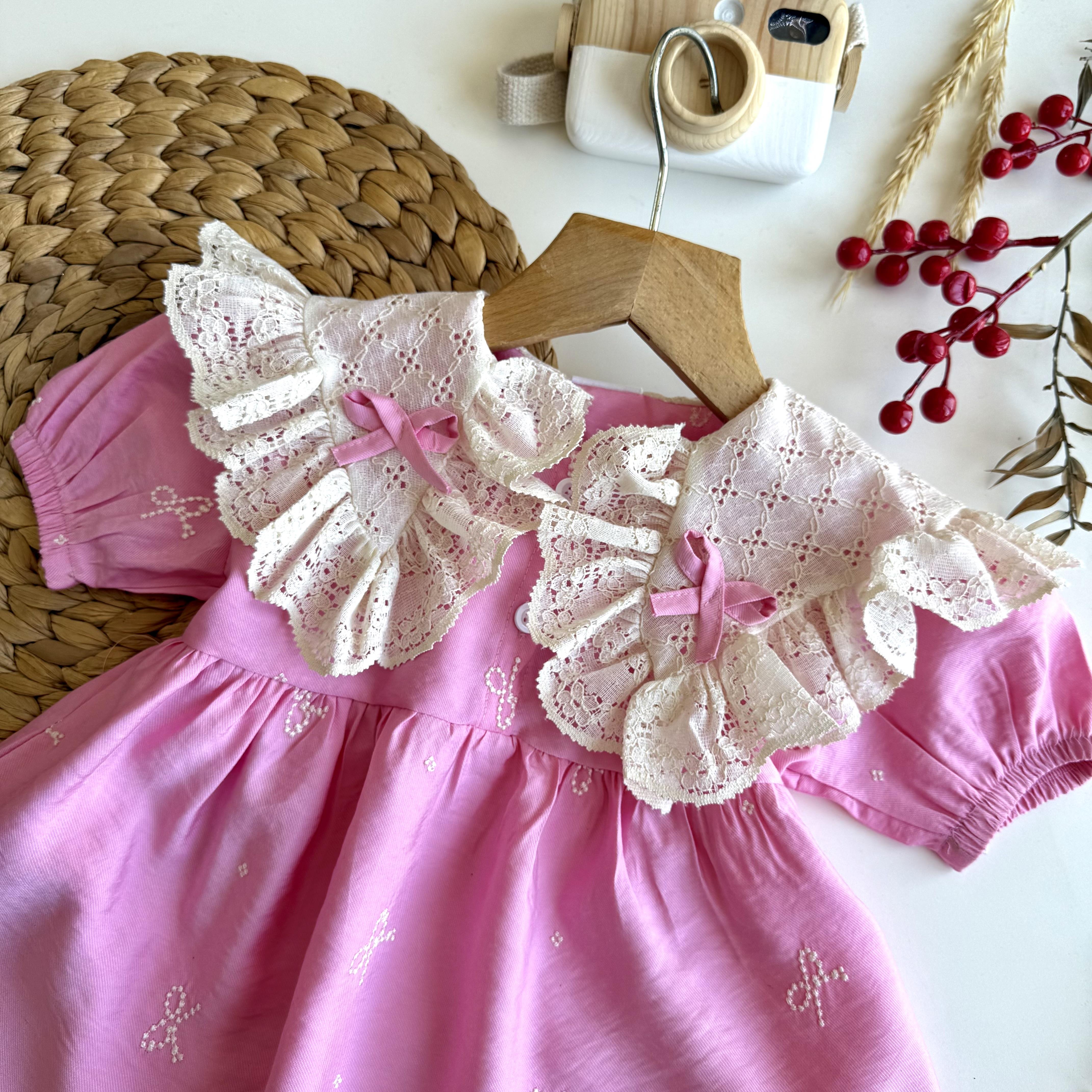 Kız Çocuk Kurdela Detaylı Güpürlü Pembe Elbise   